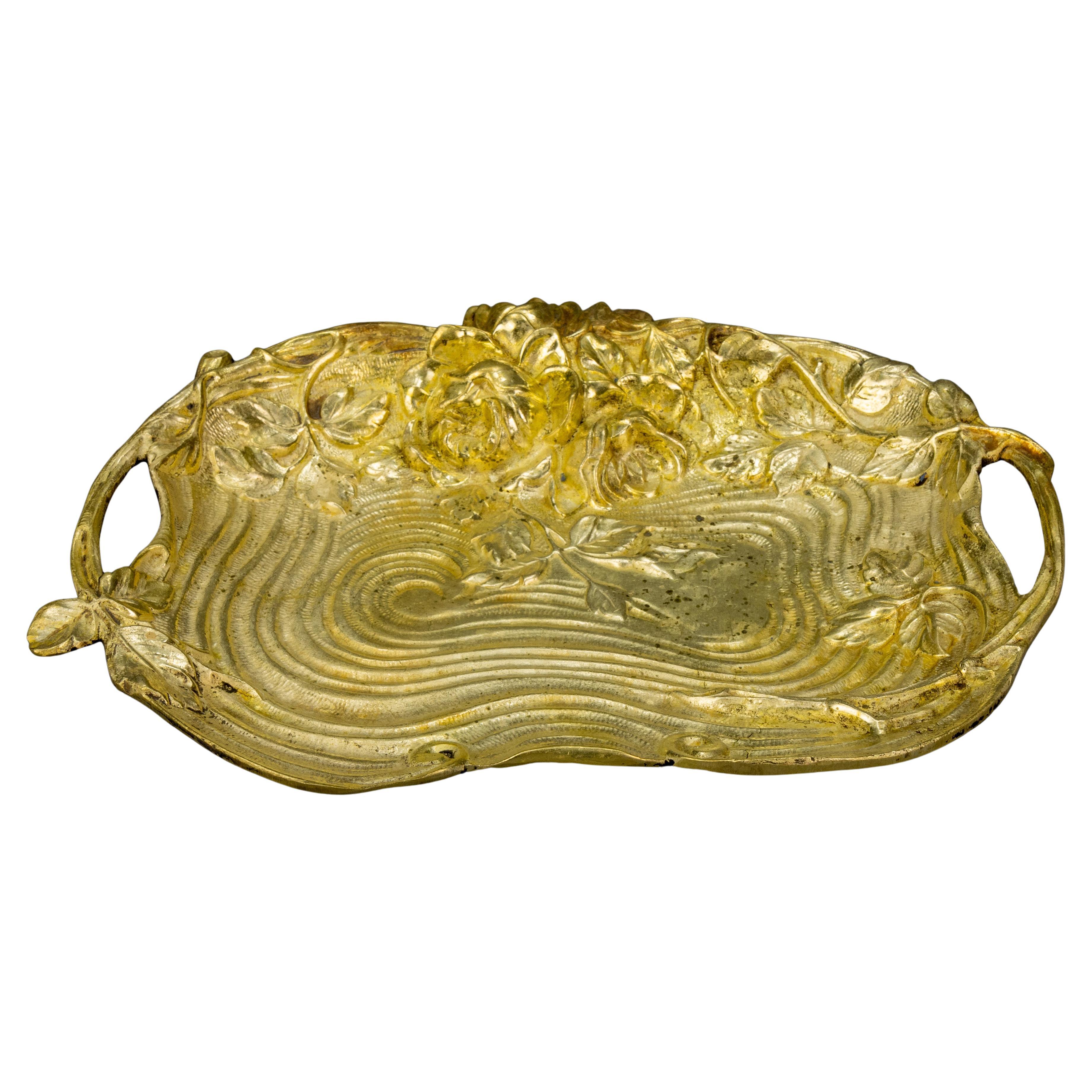 French Art Nouveau Bronze Tray with Roses Relief, circa 1920 For Sale