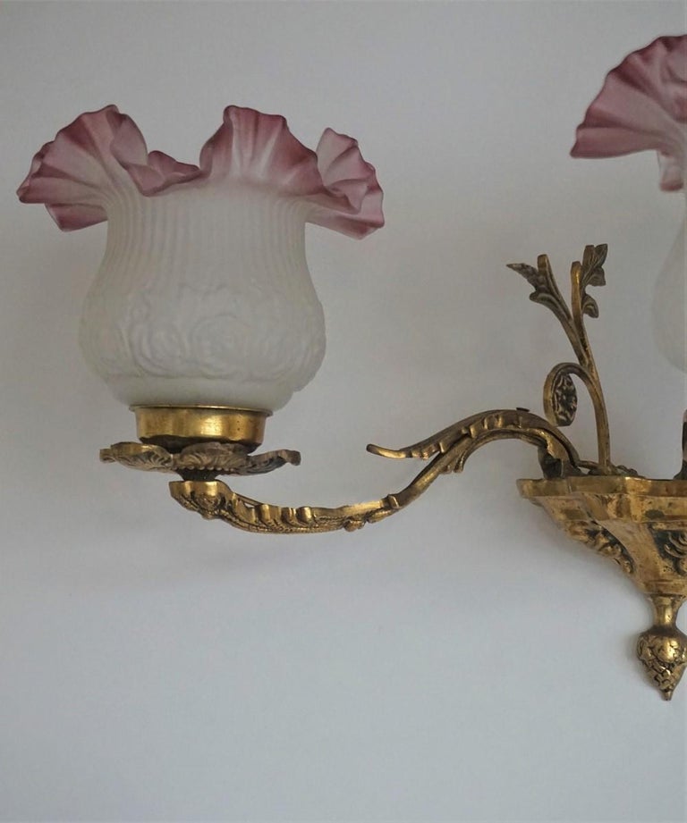 French Art Deco Brass TwoArm Wall Sconce with Frosted Glass Shades For