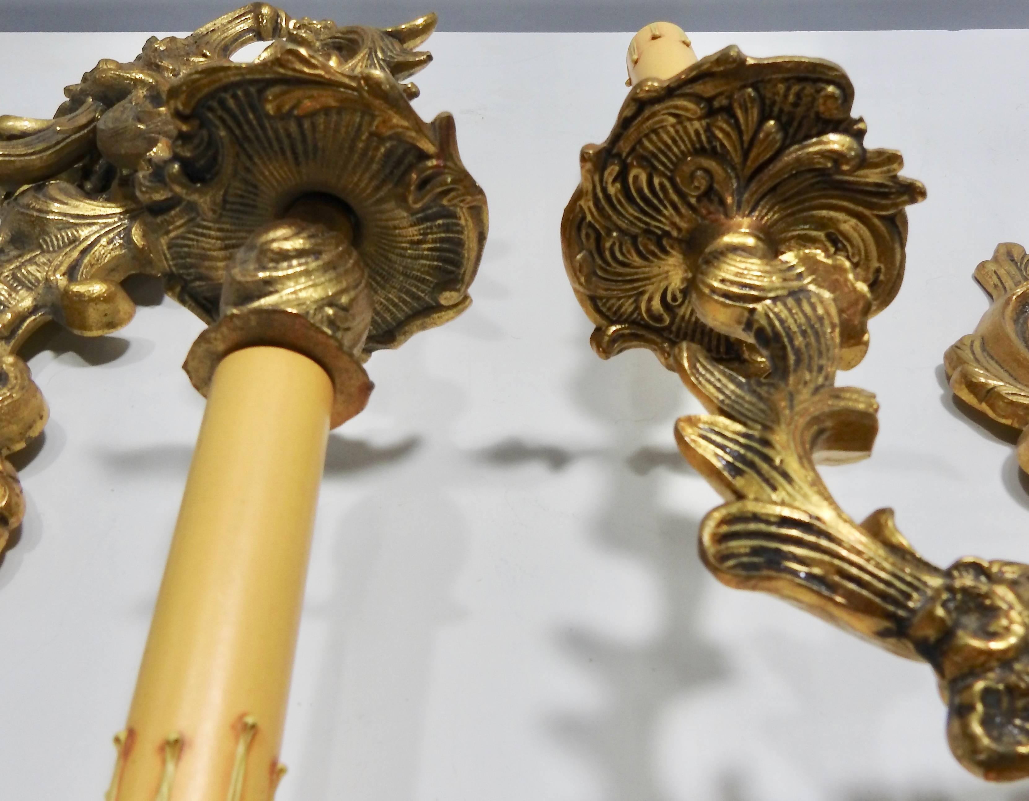French Art Nouveau Bronze Wall Sconces with Electrified Candelabra For Sale 4