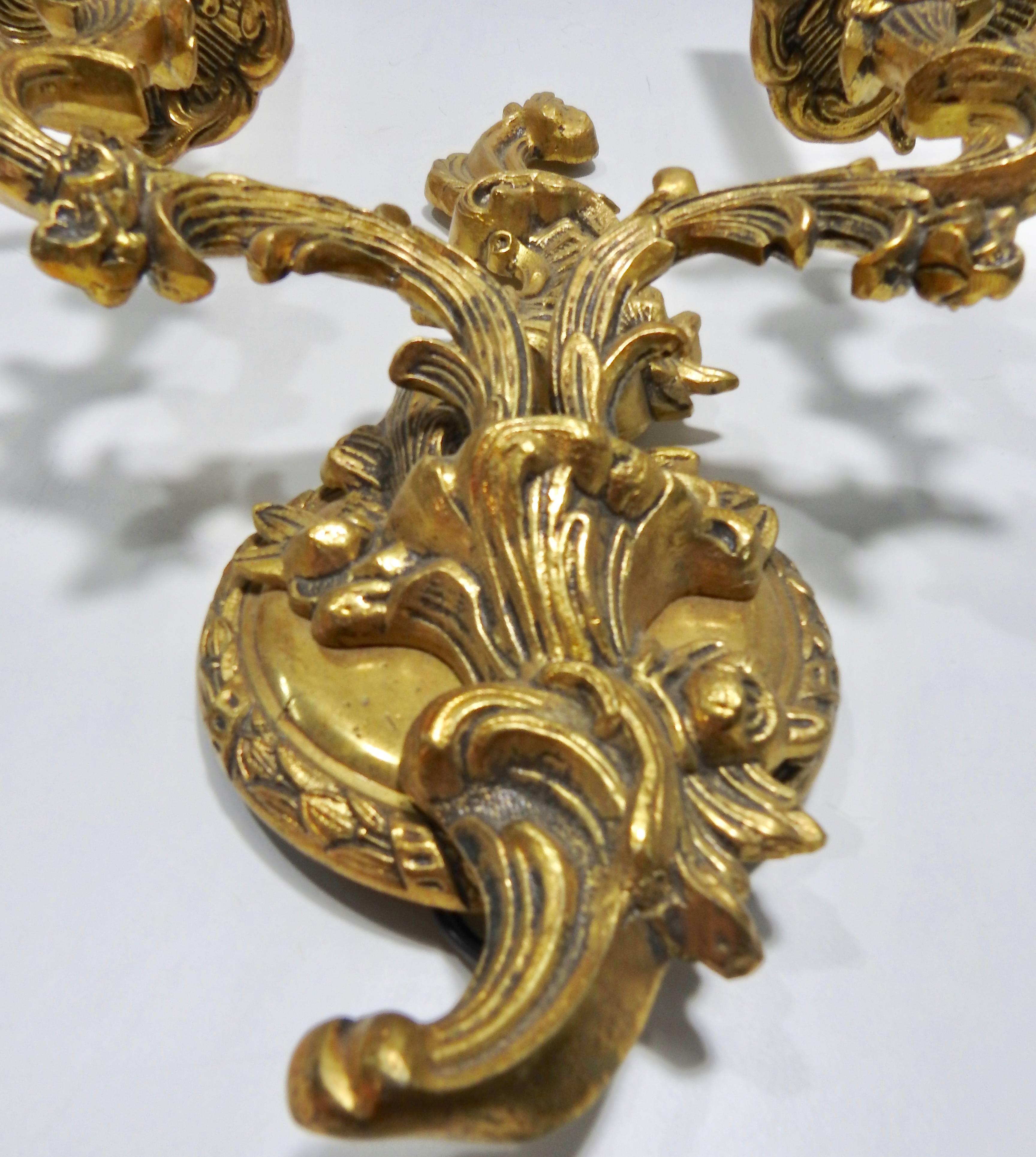 Metalwork French Art Nouveau Bronze Wall Sconces with Electrified Candelabra For Sale