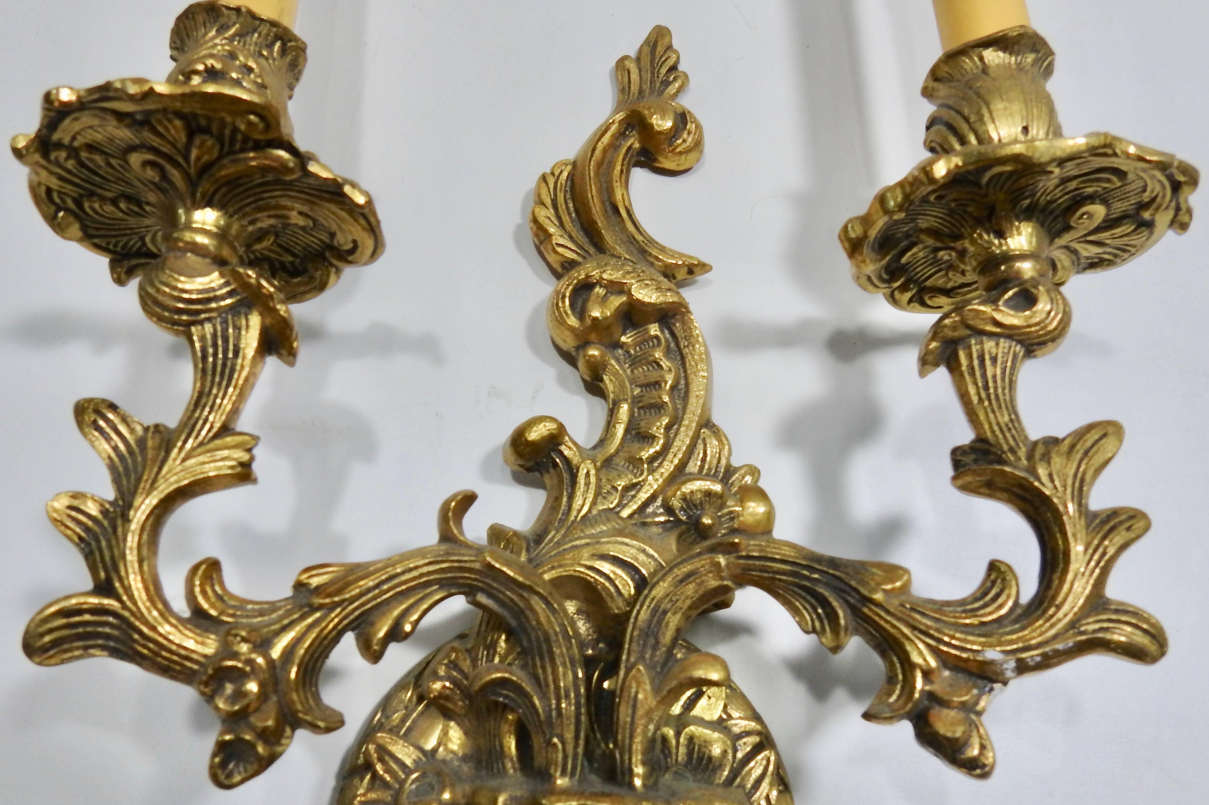 French Art Nouveau Bronze Wall Sconces with Electrified Candelabra In Good Condition For Sale In Cookeville, TN