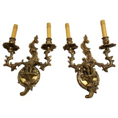 French Art Nouveau Bronze Wall Sconces with Electrified Candelabra