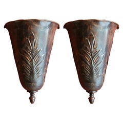 French Art Nouveau Brown Iron Tole Paint Wall Jardinieres or Big Scale Sconces