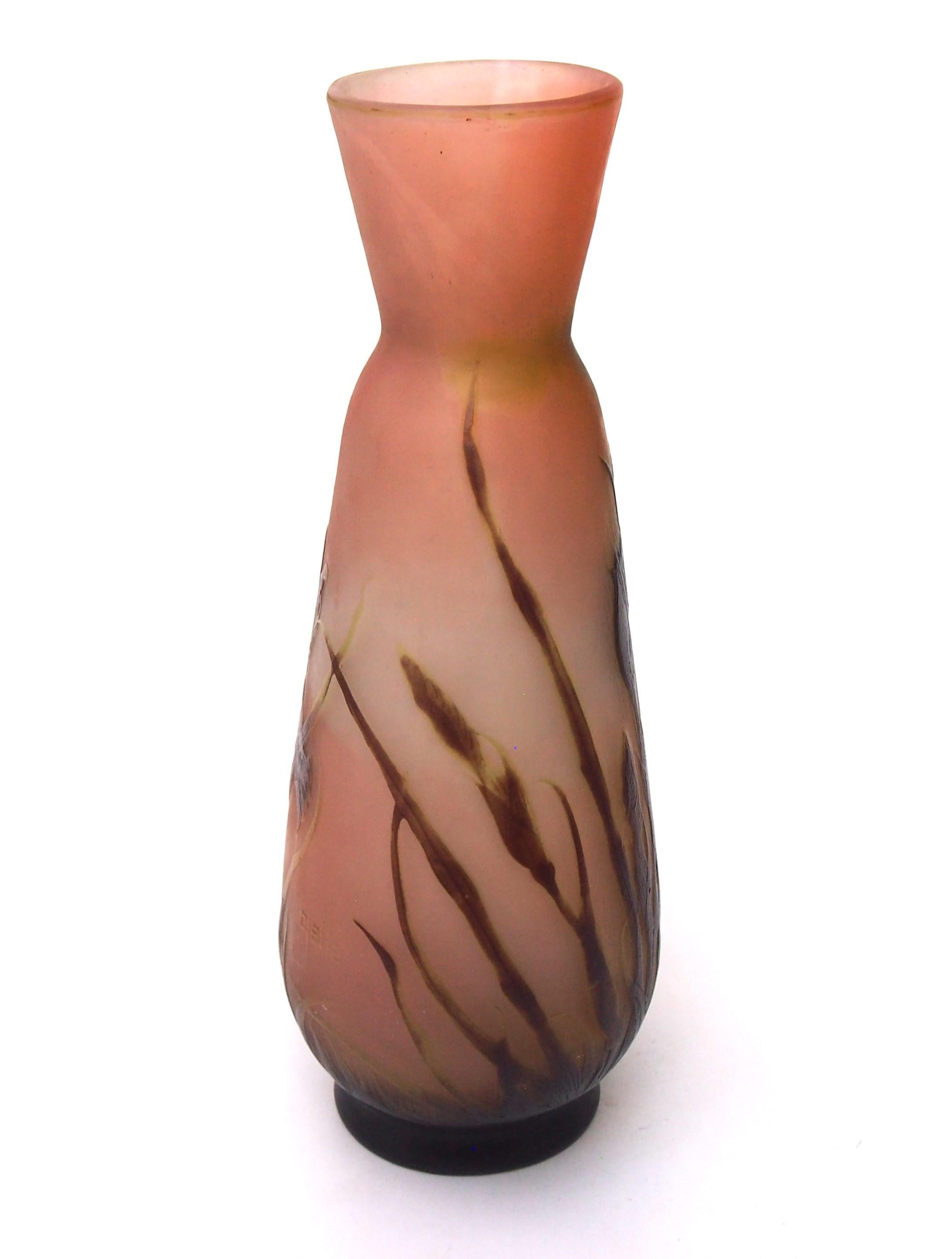 Early 20th Century French Art Nouveau Brown & Pink Signed Emile Gallé Iris Cameo Glass Vase c1910 For Sale