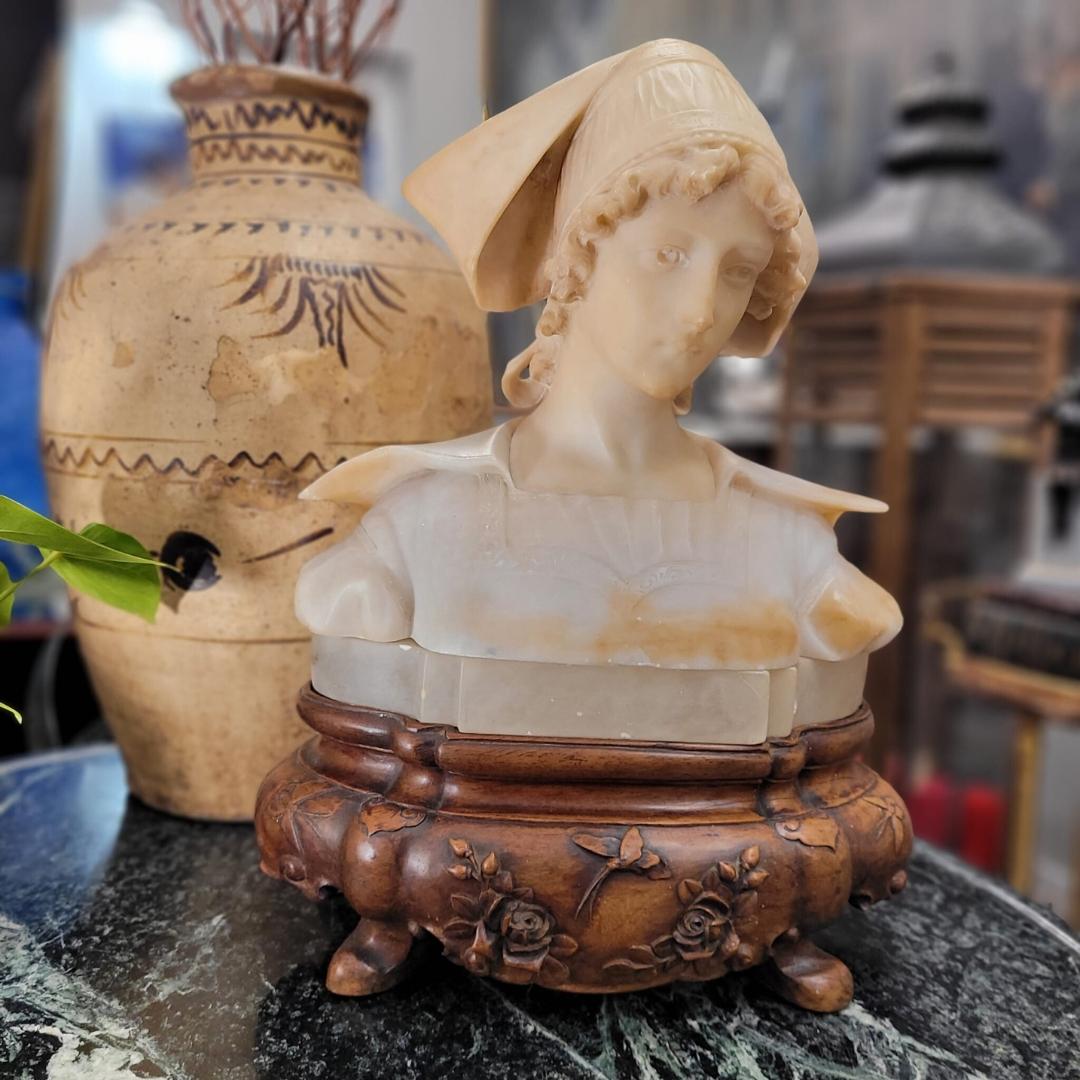 Hand-Crafted French Art Nouveau  Bust of a “Breton woman”  alabaster wood For Sale
