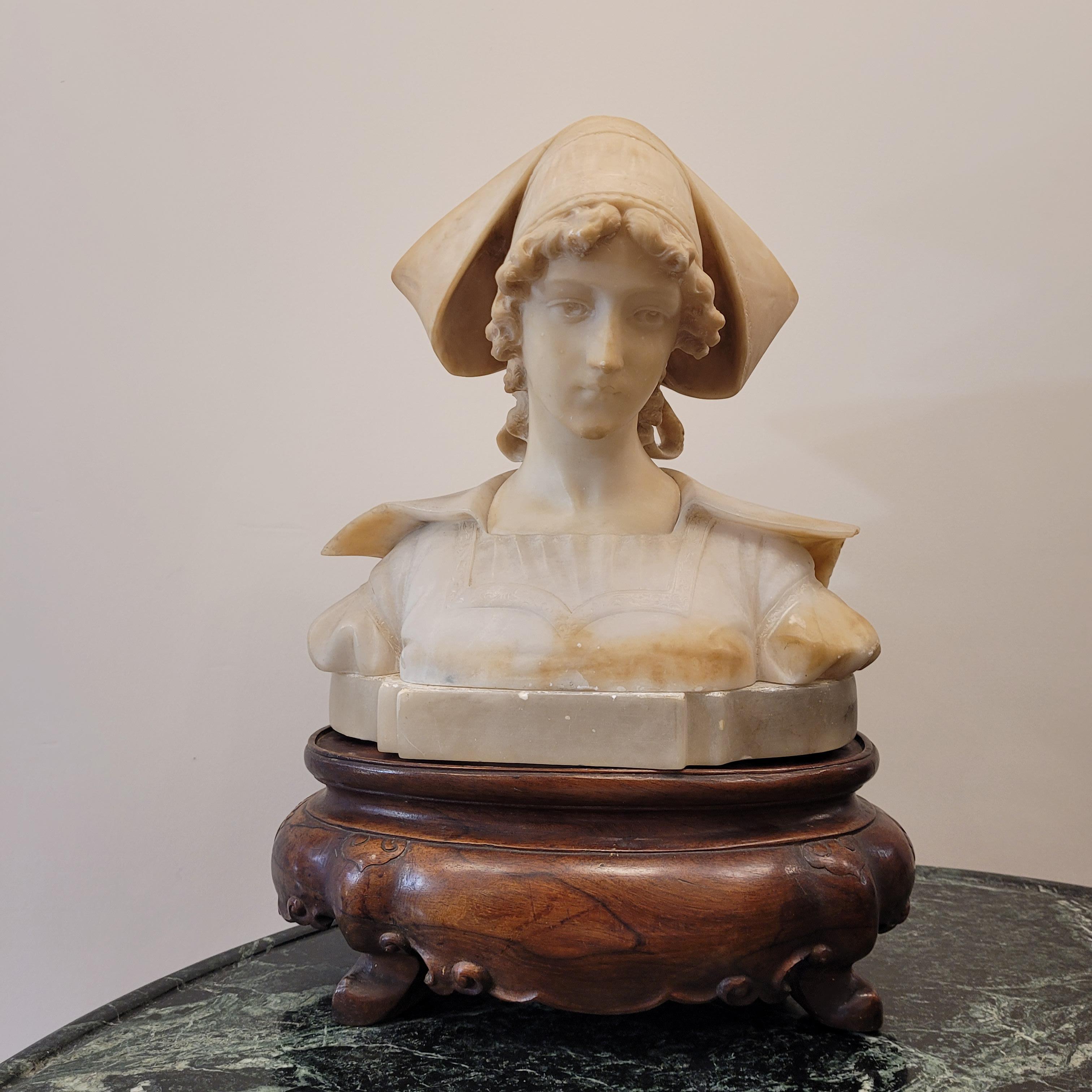 Early 20th Century French Art Nouveau  Bust of a “Breton woman”  alabaster wood For Sale