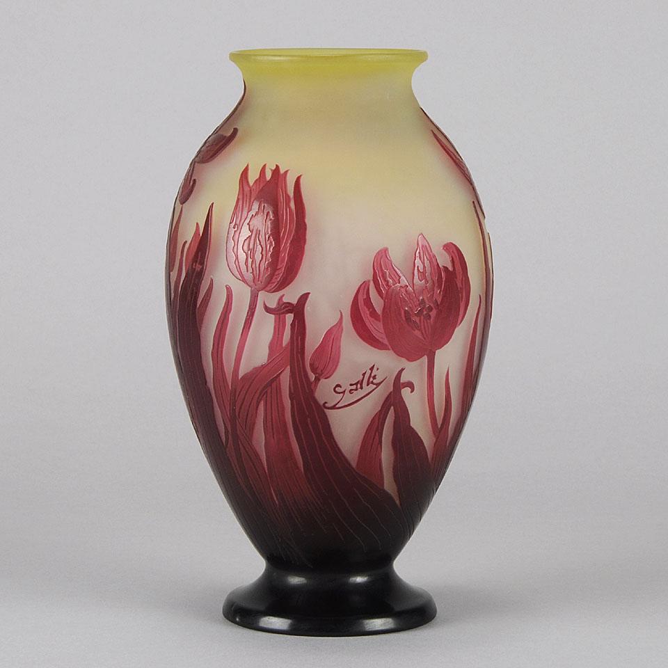 Engraved French Art Nouveau Cameo Acid cut & Etched Glass Tulip Vase by Emile Gallé