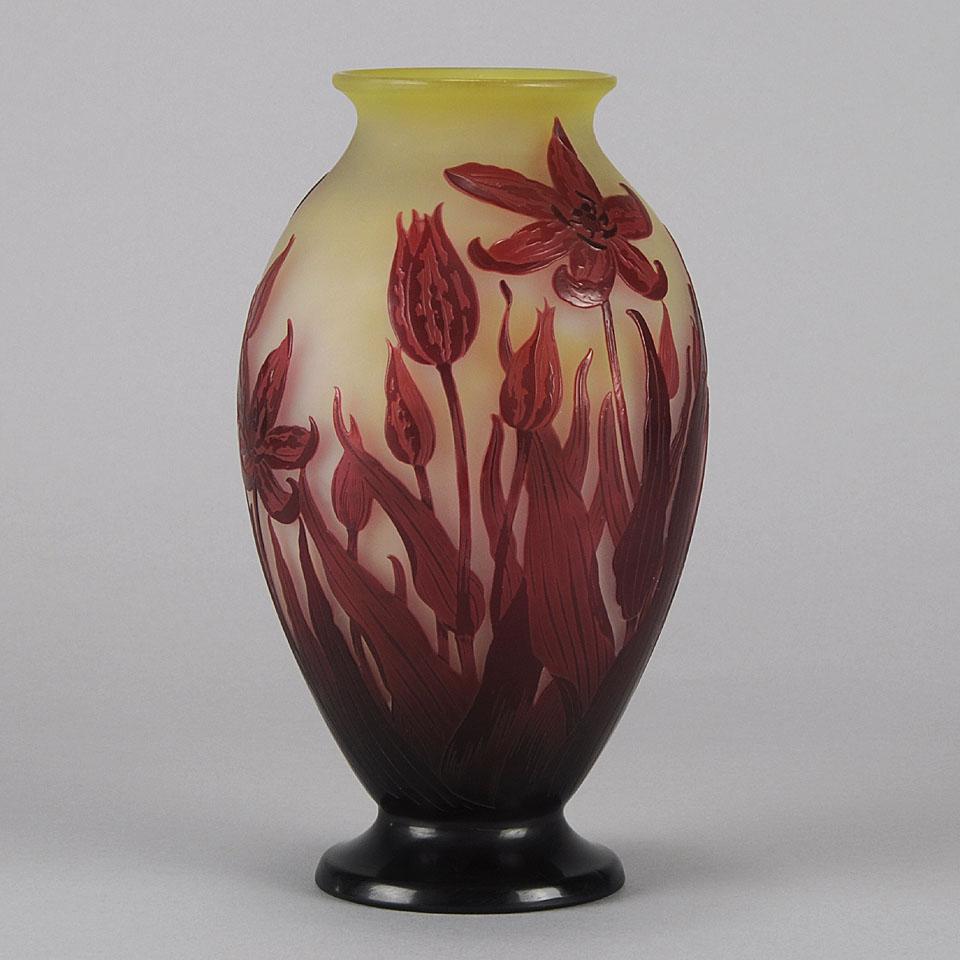 French Art Nouveau Cameo Acid cut & Etched Glass Tulip Vase by Emile Gallé 1