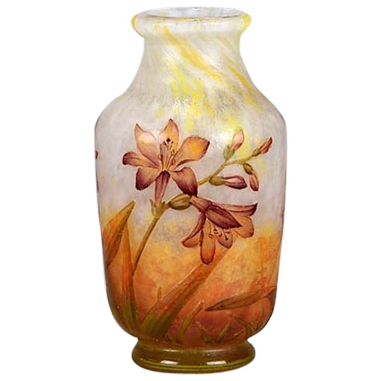 French Art Nouveau Cameo Glass Vase "Freesia Landscape" by Daum Frères For Sale