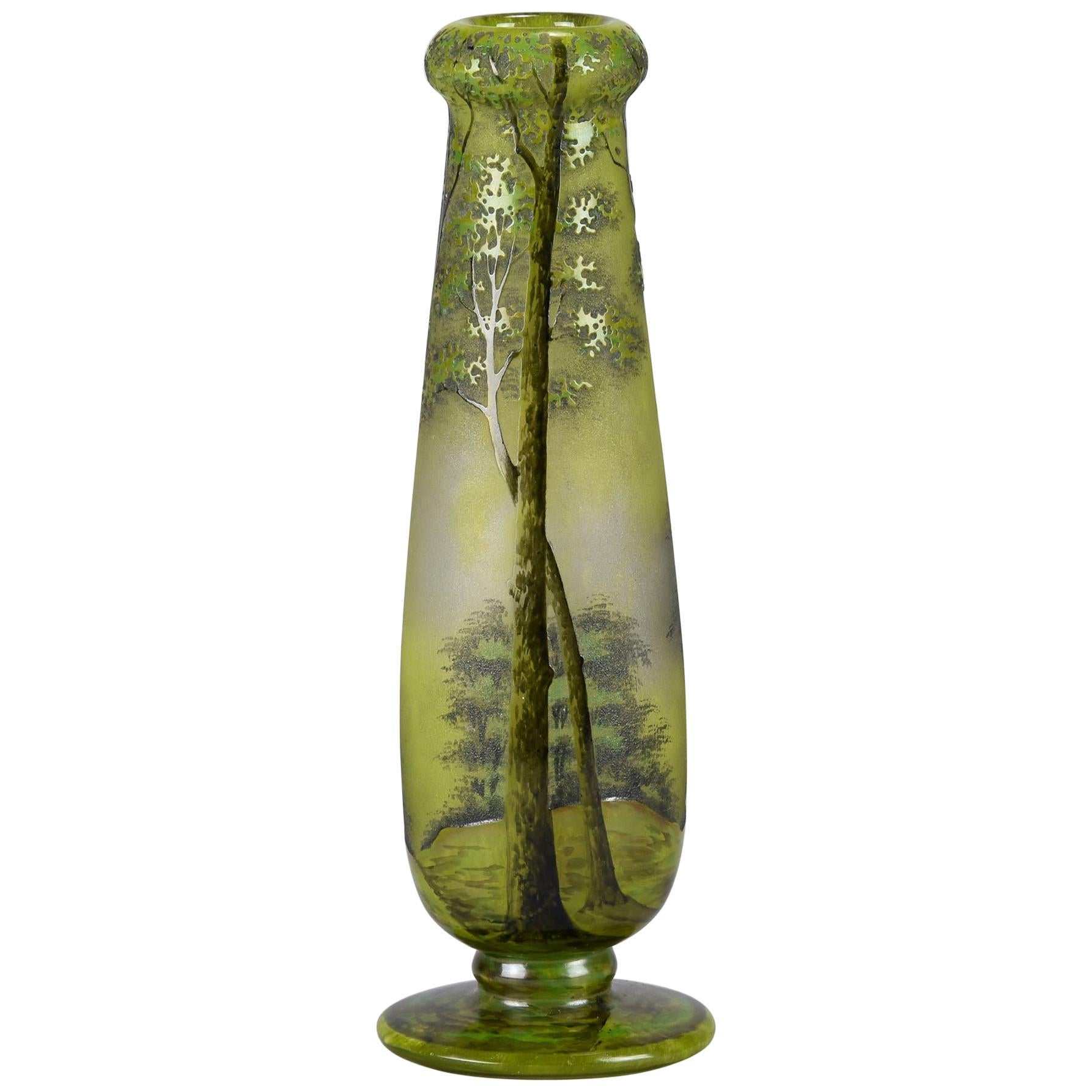 French Art Nouveau Cameo Glass Vase "Spring Landscape Vase" by Daum Frères