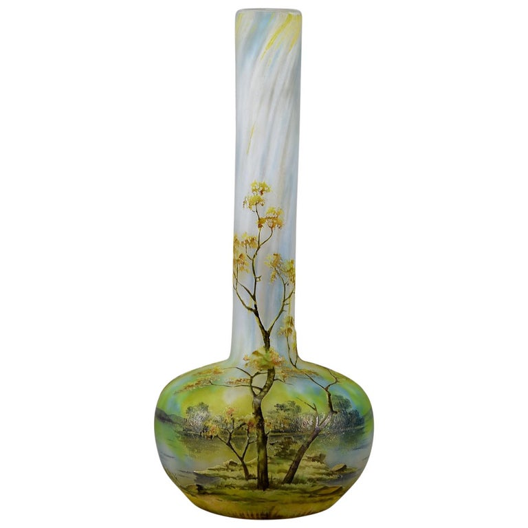 French Art Nouveau Cameo Glass Vase "Summer Landscape" by Daum Frères For Sale
