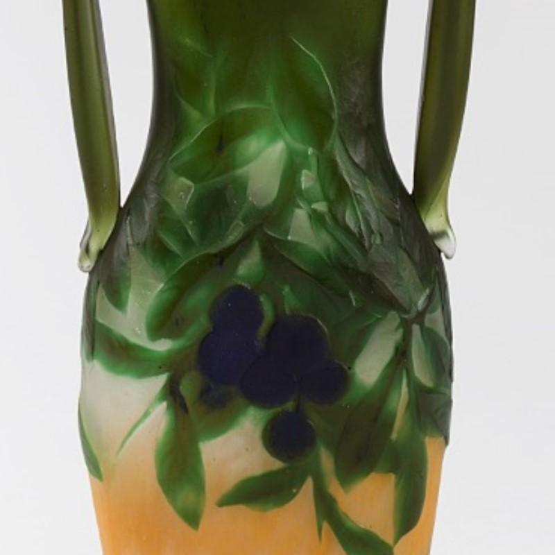 Early 20th Century French Art Nouveau Cameo Glass Vase with Applied Handles by Daum