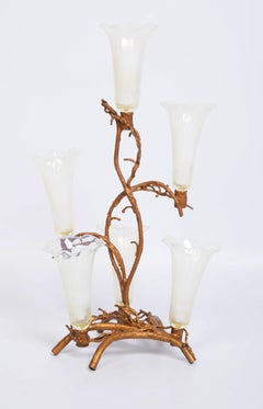 French Art Nouveau Candelabra Epergne with Vaseline Glass Trumpet Holders C.1900