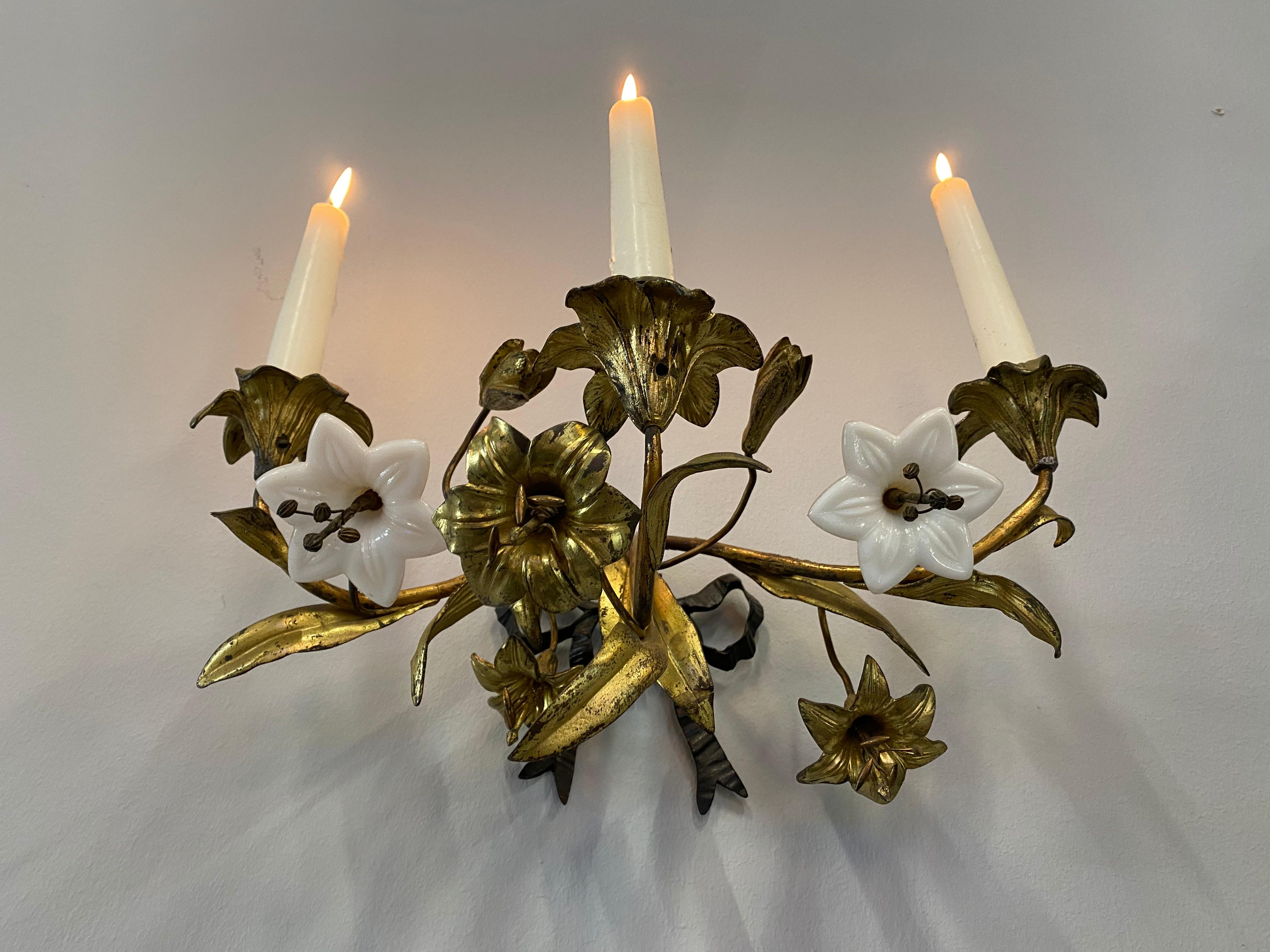 Gilt French Art Nouveau Candleholder, 1900, Gilded, Floral , with Glass Blossoms