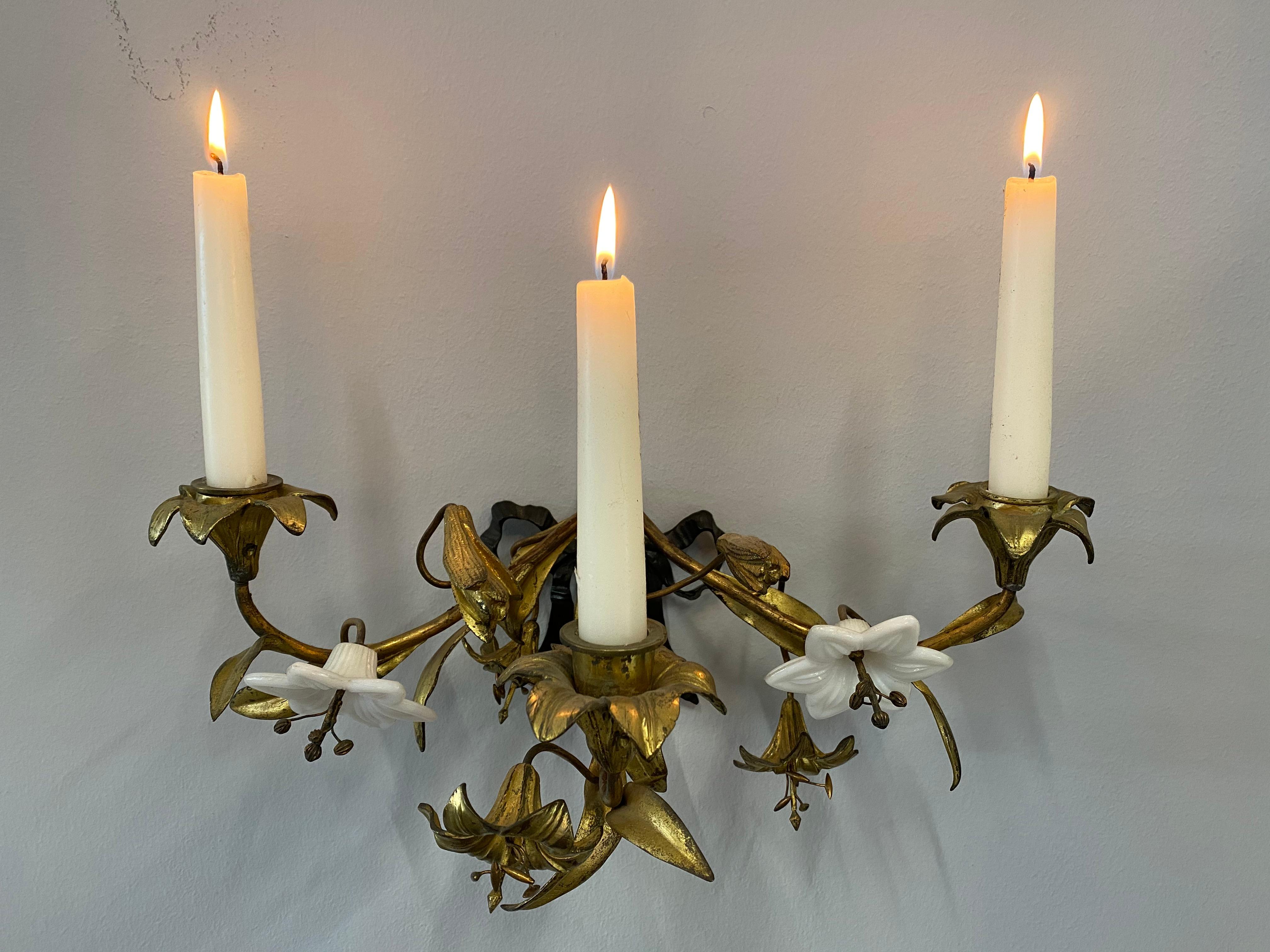 French Art Nouveau Candleholder, 1900, Gilded, Floral , with Glass Blossoms In Good Condition In Hamburg, DE