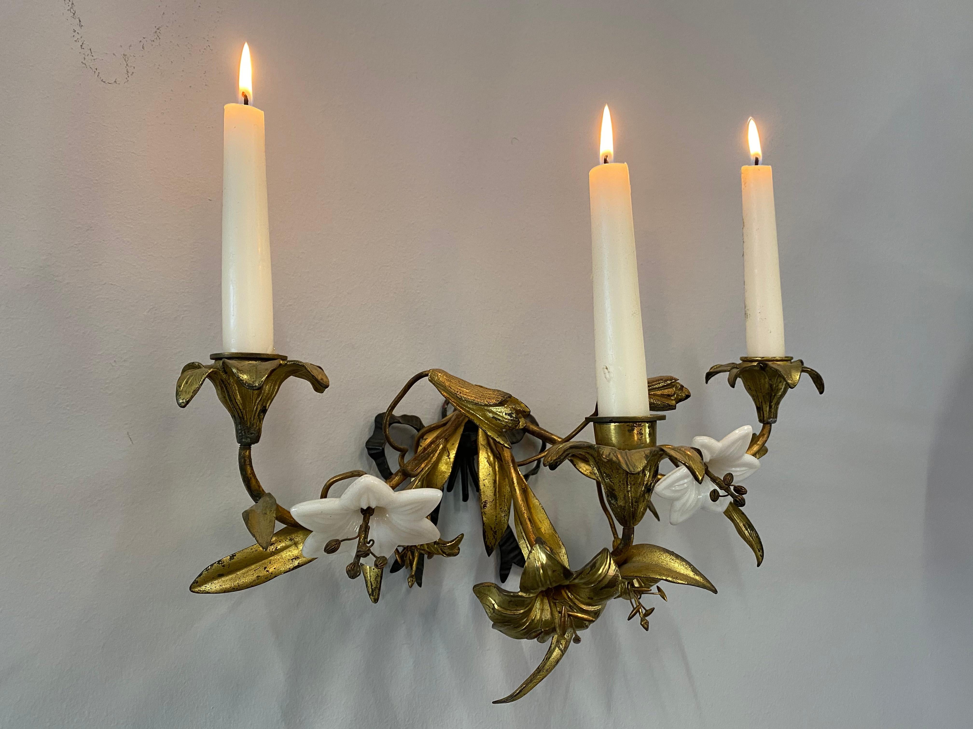Metal French Art Nouveau Candleholder, 1900, Gilded, Floral , with Glass Blossoms