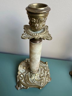 French Art Nouveau candle holders, Bronze Base, Marble Structure, Circa 1900