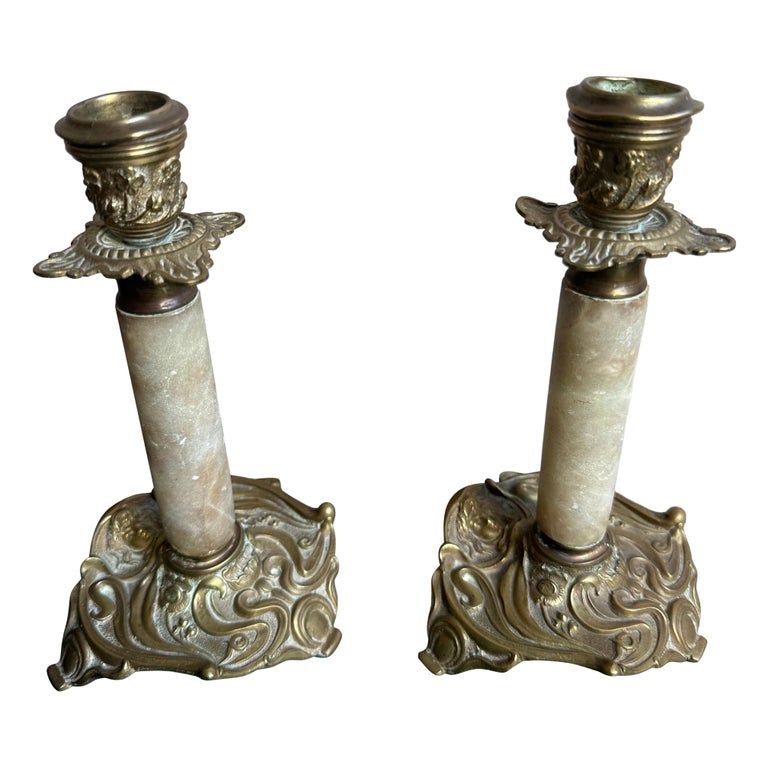 Bougeoirs cuivre laiton et albâtre 1821 | Ma Cabane Vintage