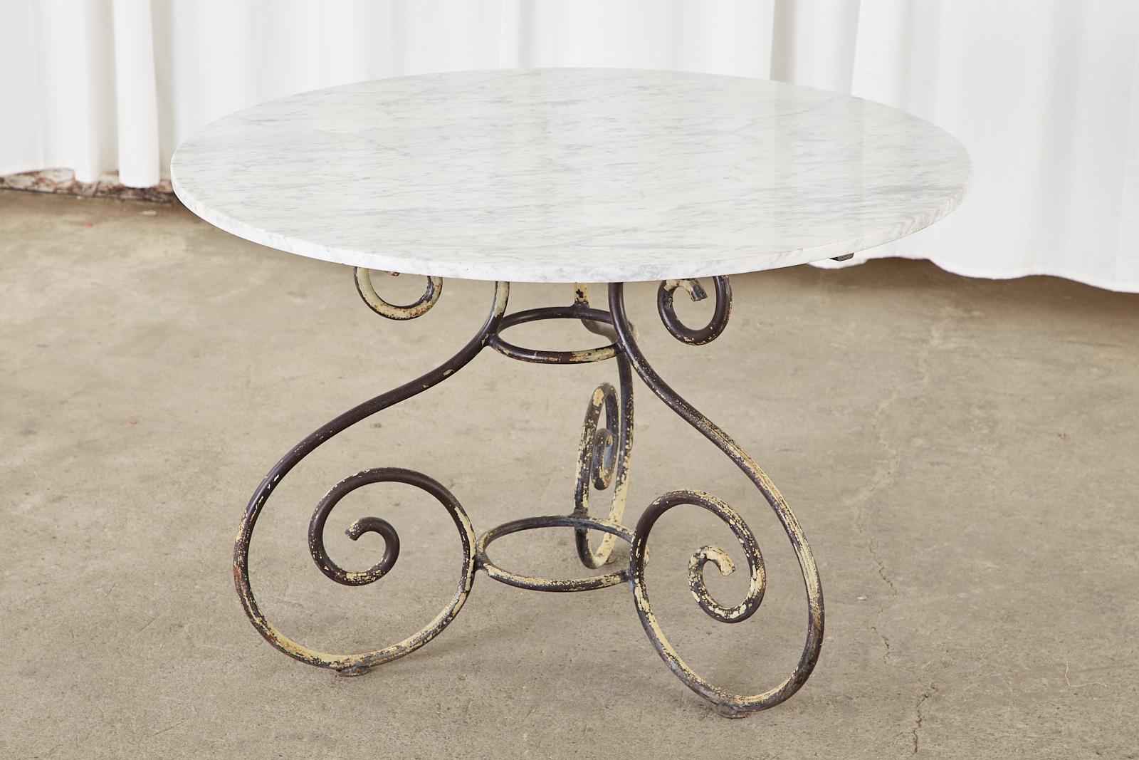 Hand-Crafted French Art Nouveau Carrrara Marble Iron Garden Dining Table For Sale