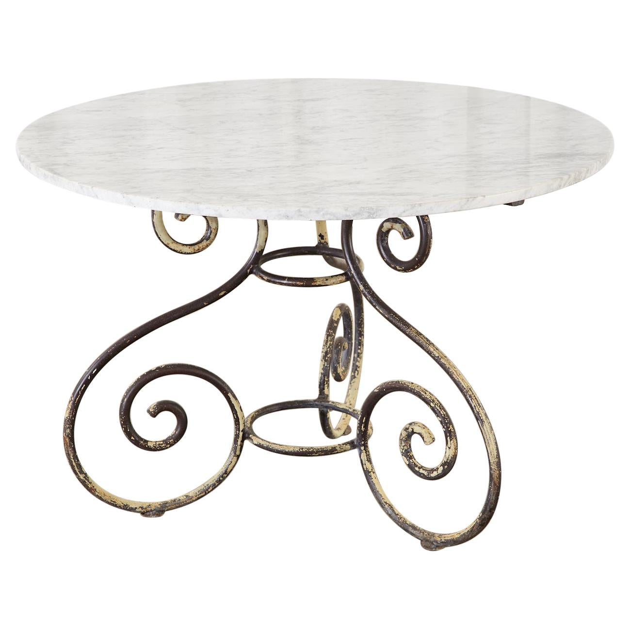 French Art Nouveau Carrrara Marble Iron Garden Dining Table