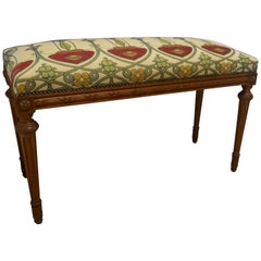 French Art Nouveau Carved Upholstered Walnut Window Seat or Hall Bench