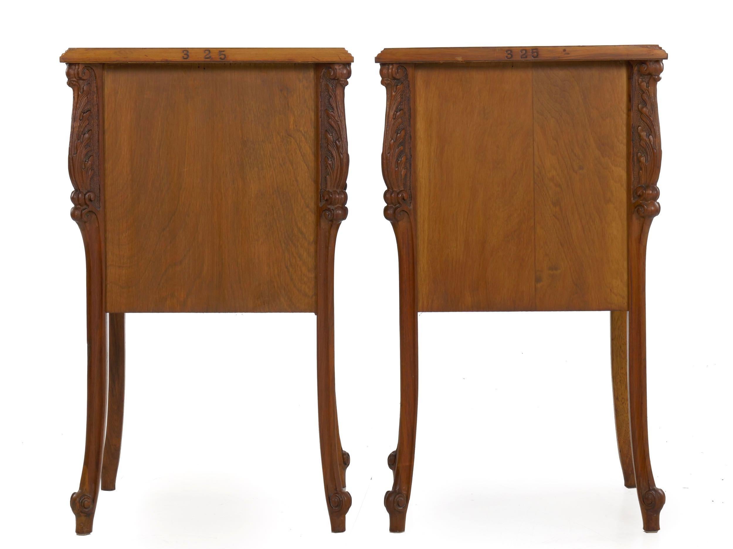20th Century French Art Nouveau Carved Walnut Nightstand Tables, a Pair