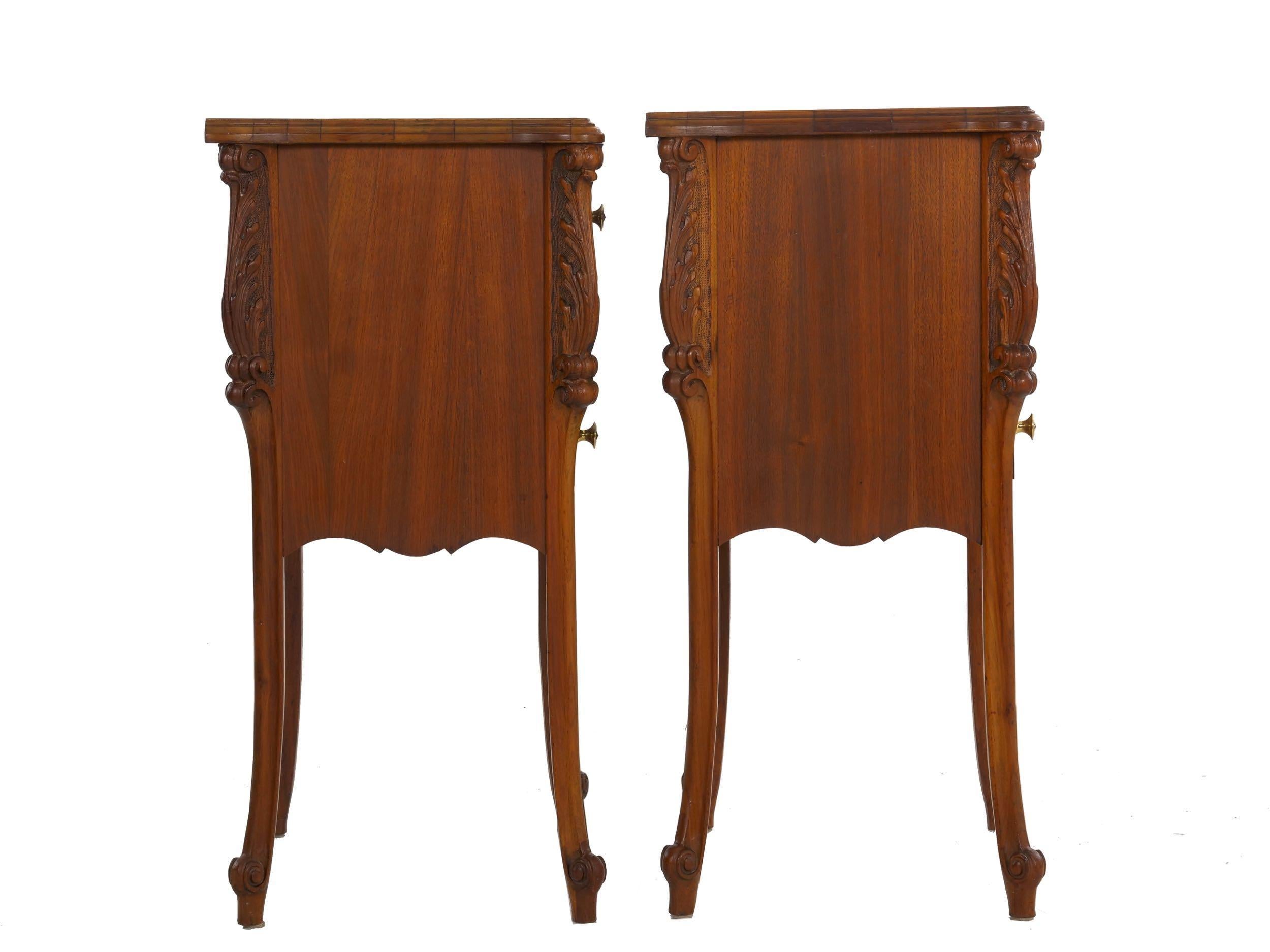 Brass French Art Nouveau Carved Walnut Nightstand Tables, a Pair