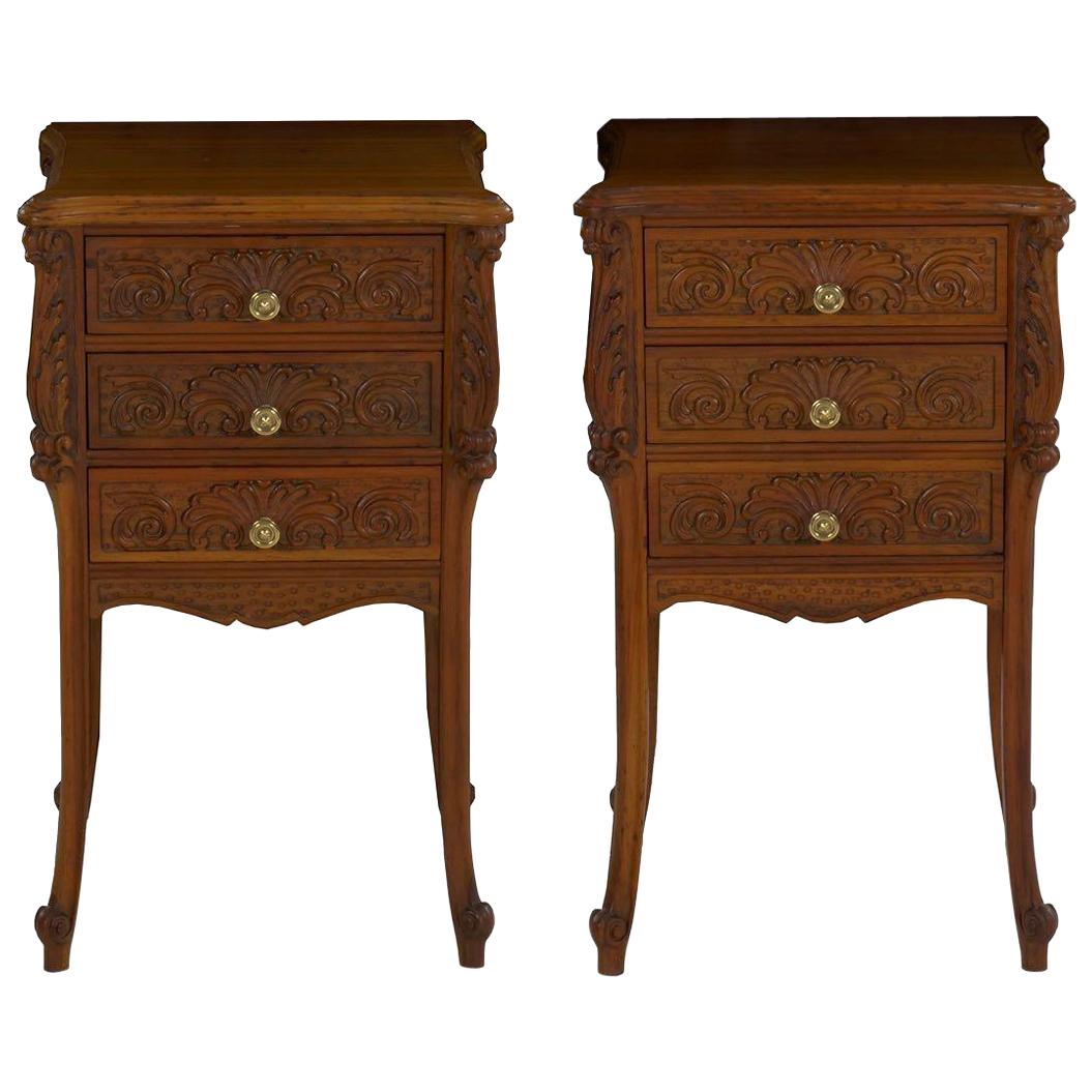 French Art Nouveau Carved Walnut Nightstand Tables, a Pair