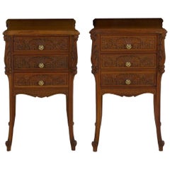 Antique French Art Nouveau Carved Walnut Nightstand Tables, a Pair