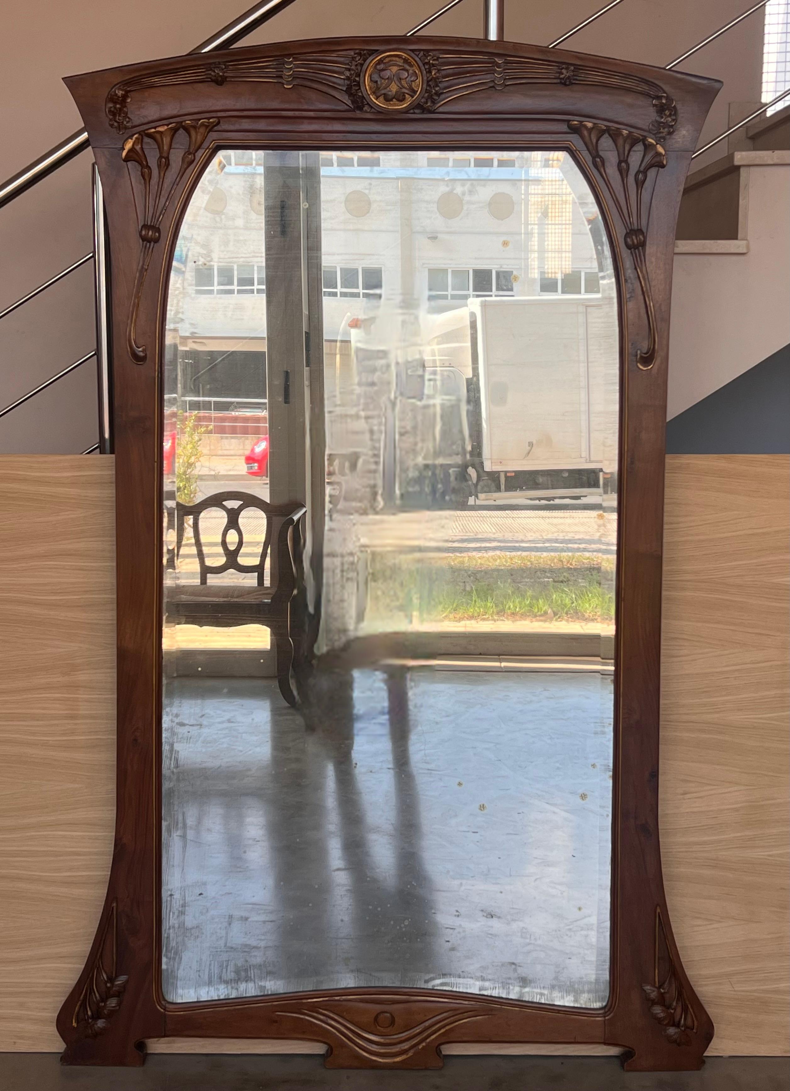 French Art Nouveau Carved Wood l Mantle Wall Mirror Glass Embossed In Good Condition For Sale In Miami, FL