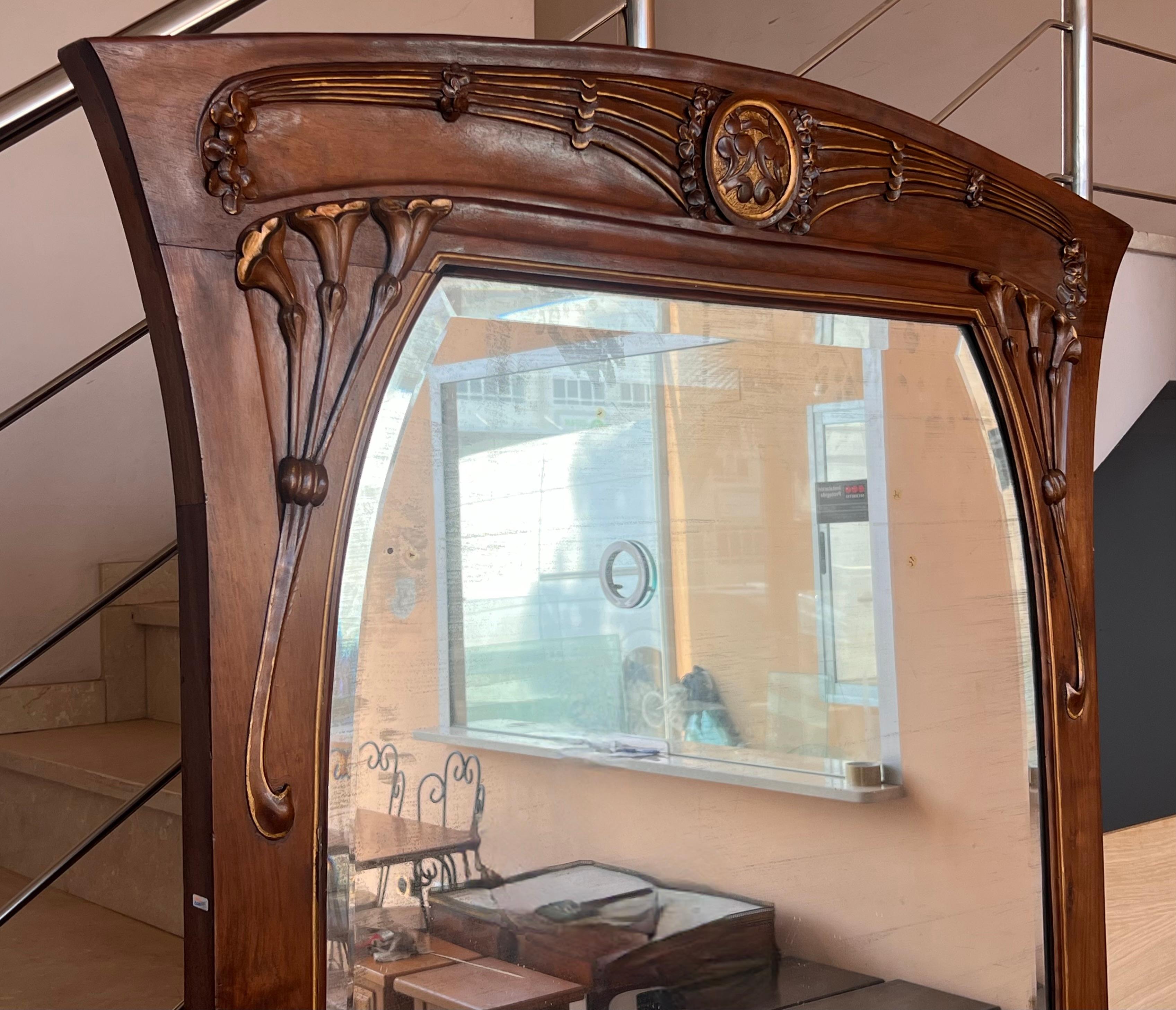 French Art Nouveau Carved Wood l Mantle Wall Mirror Glass Embossed For Sale 1