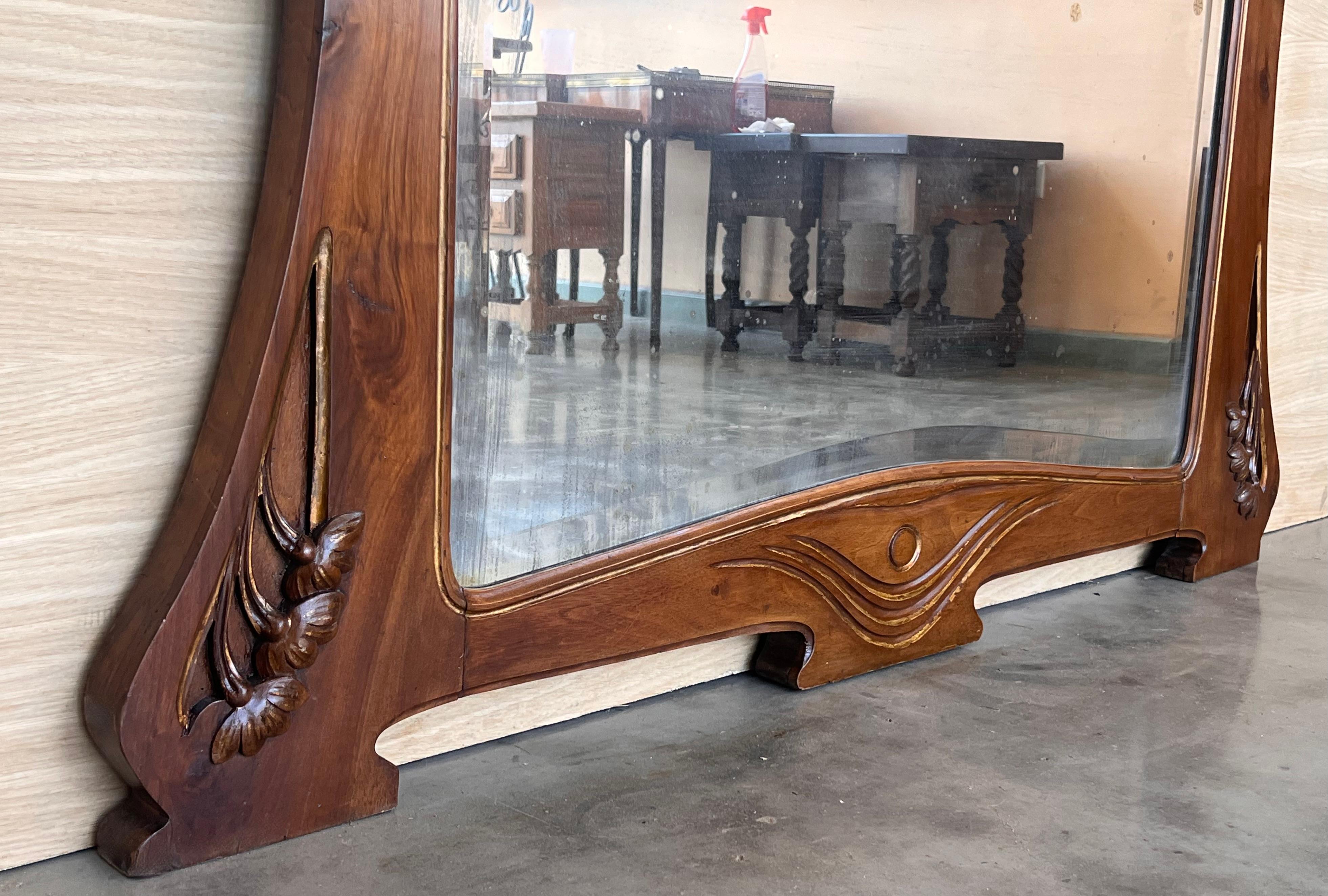 French Art Nouveau Carved Wood l Mantle Wall Mirror Glass Embossed For Sale 3