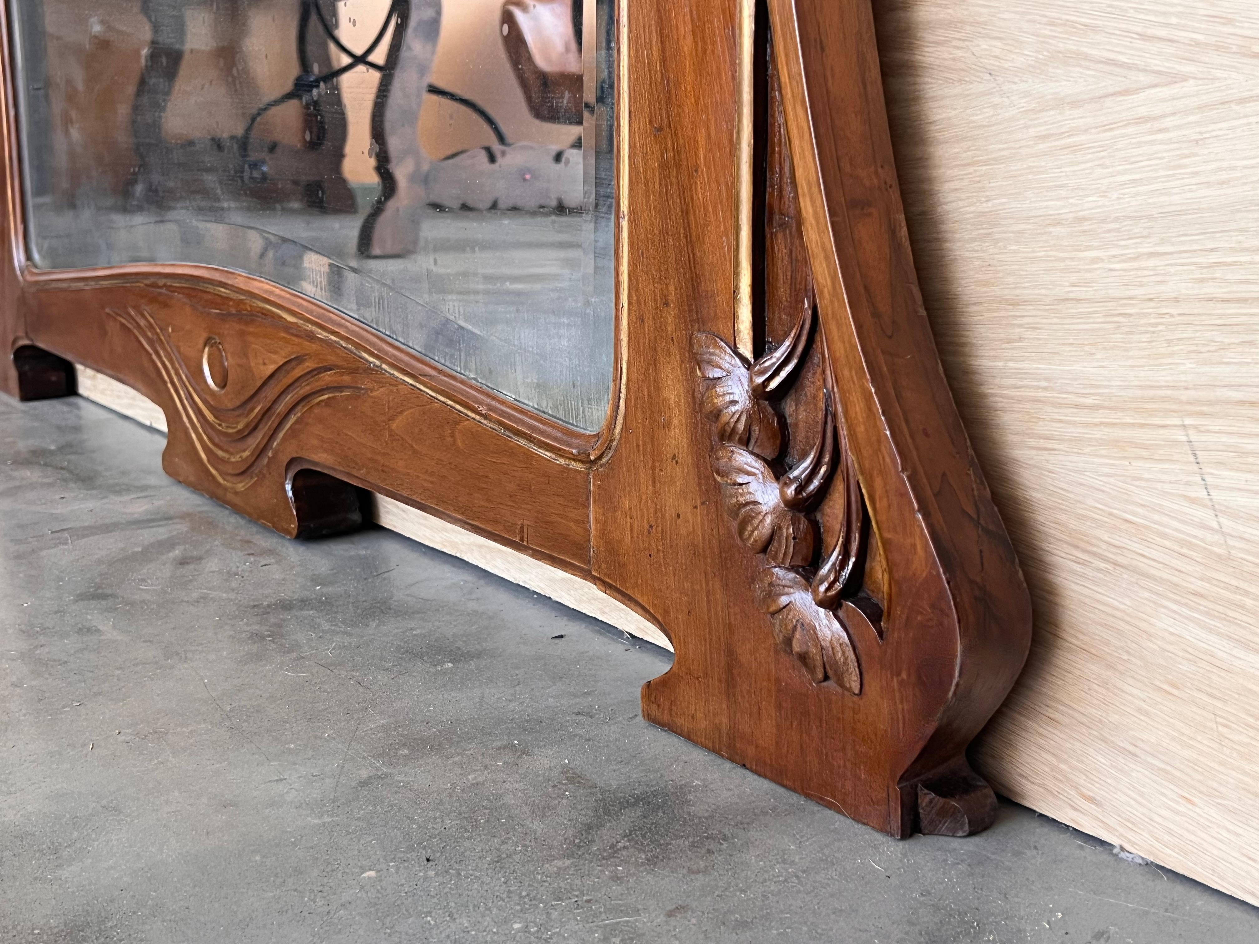French Art Nouveau Carved Wood l Mantle Wall Mirror Glass Embossed For Sale 5