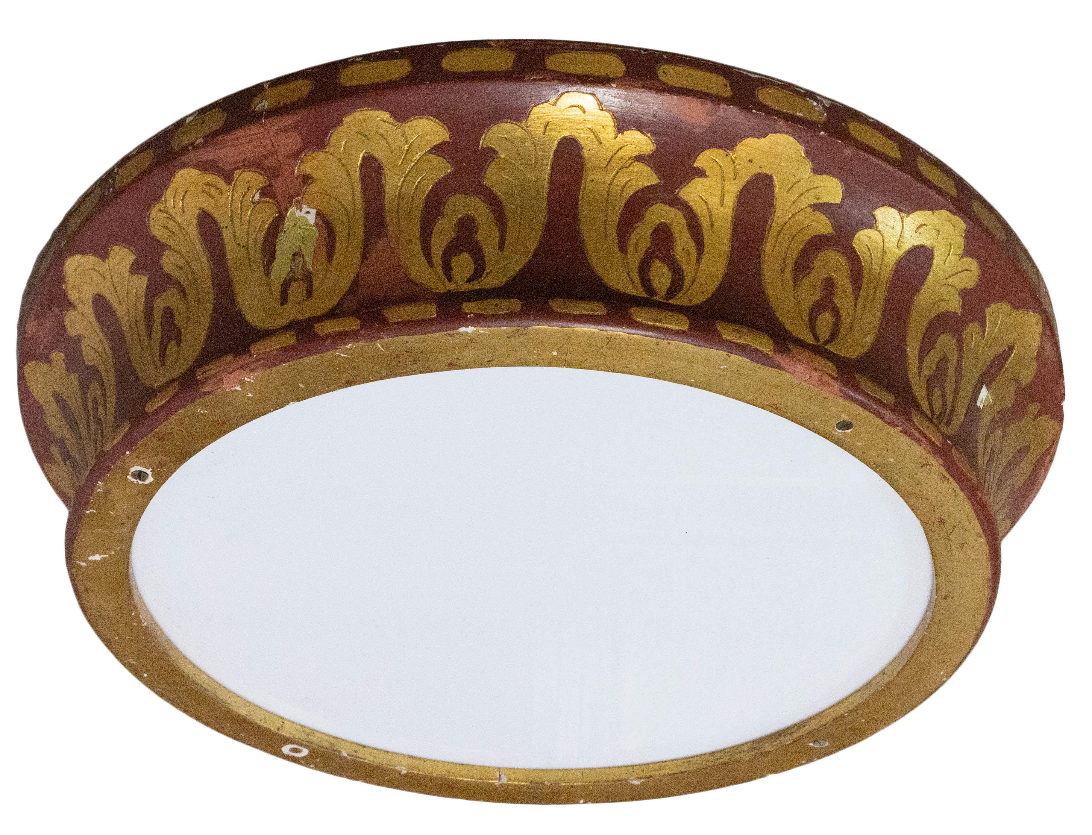 French ceiling lamp Art Nouveau early 20th century
Painted wood
Good original condition with characterful patina.
The glass has been replaced by a piece of plexiglass
This can easily be re-wired and tested to USA or European standards.