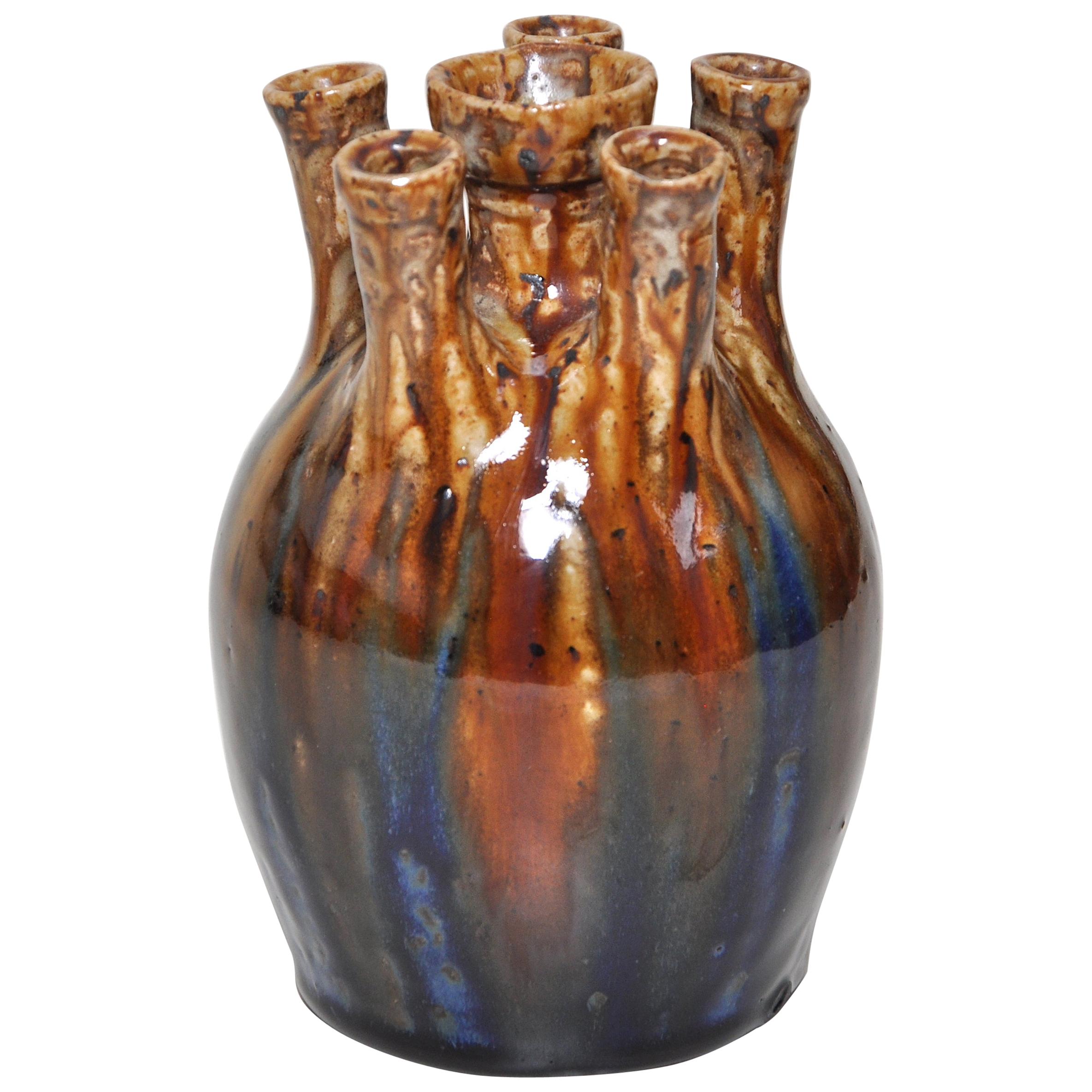 Französische Jugendstil-Keramikvase aus Keramik in Blau von Joseph Talbot aus Cher im Angebot