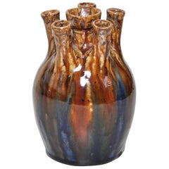 Vintage French Art Nouveau Ceramic Pot Vase Blue by Joseph Talbot of Cher