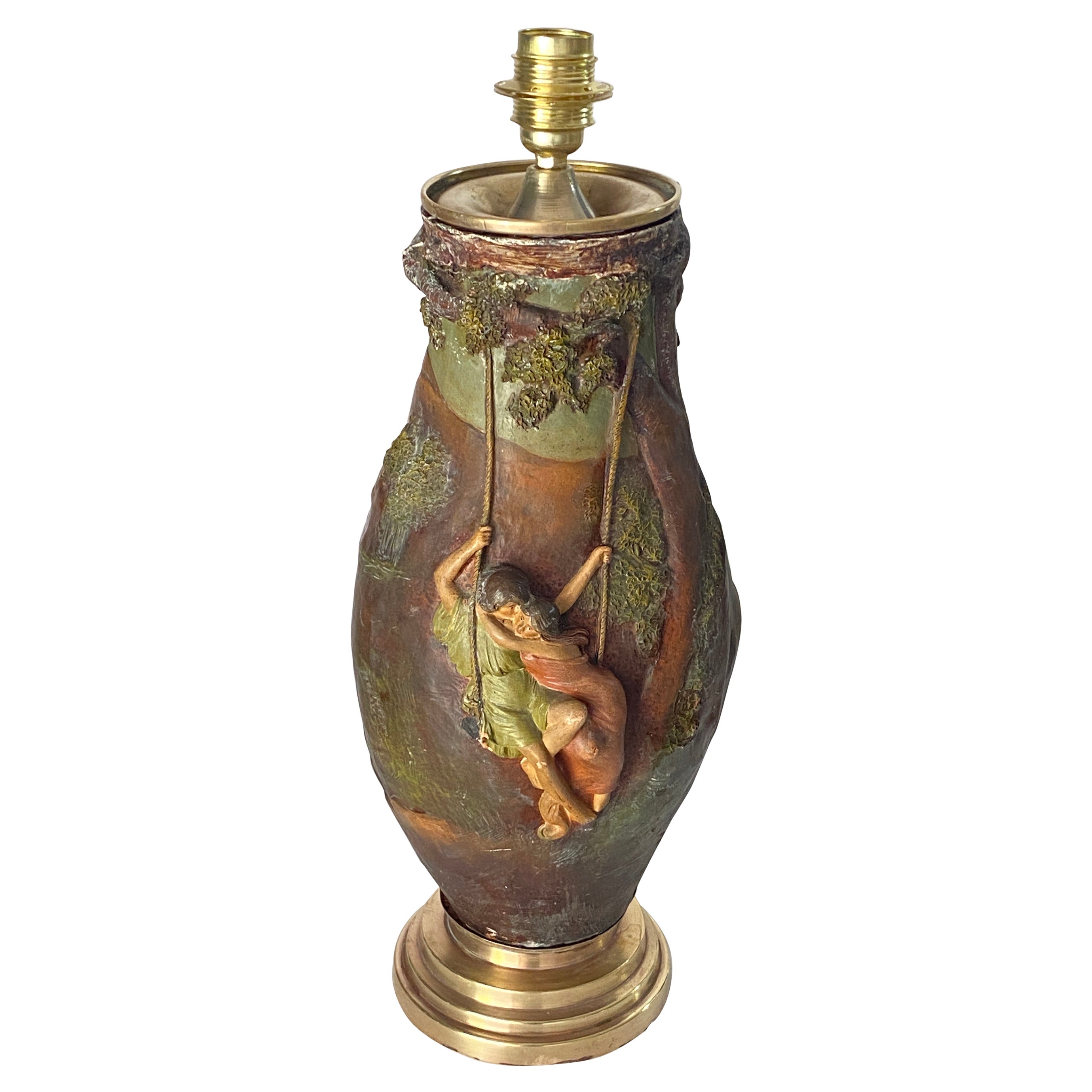 Francese Lampada da tavolo in ceramica Art Nouveau francese di colore marrone e verde firmata Georges Trinque in vendita
