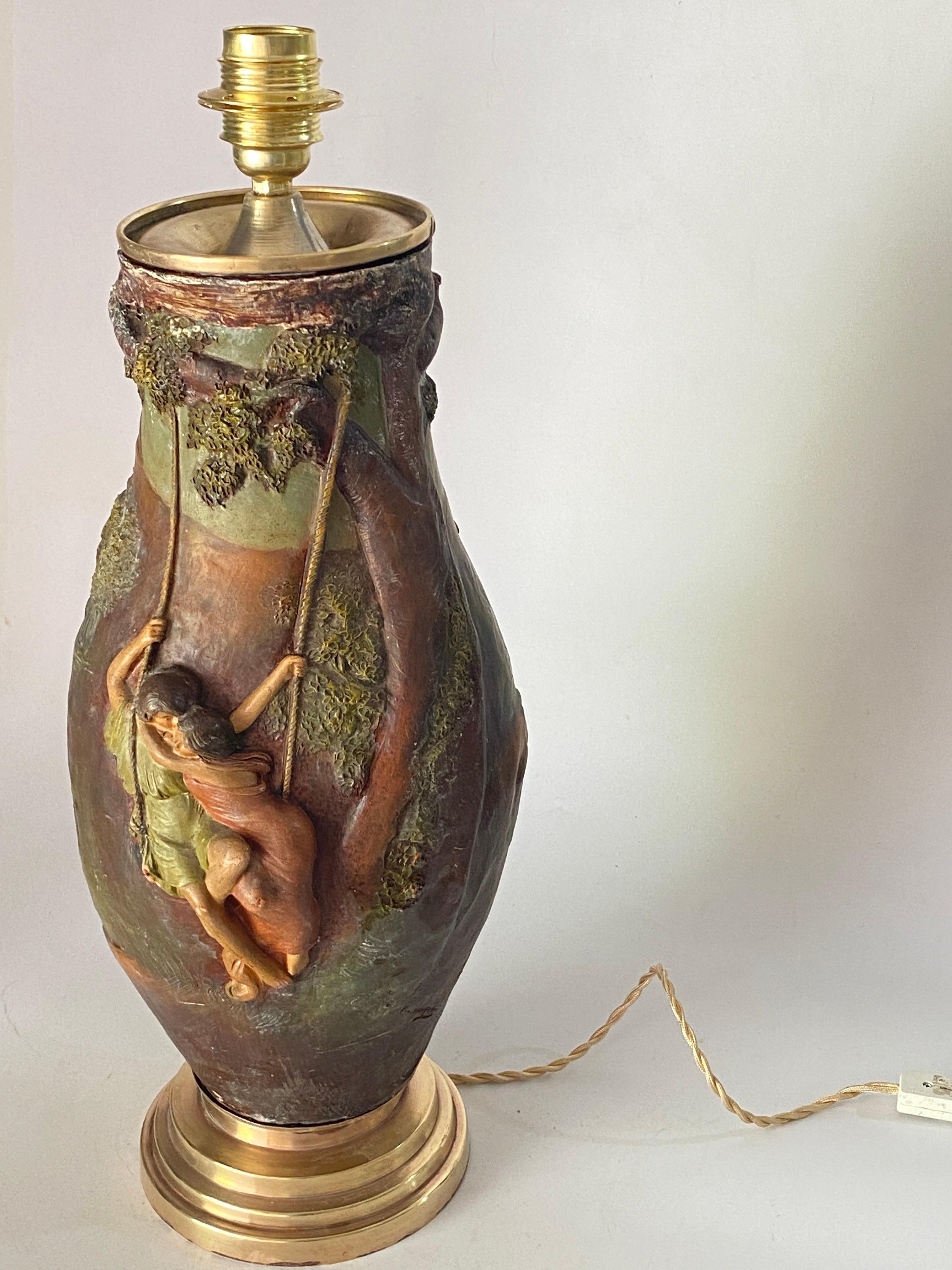 Lampe de table en céramique Artful Green Brown Signée Georges Trinque en vente 2