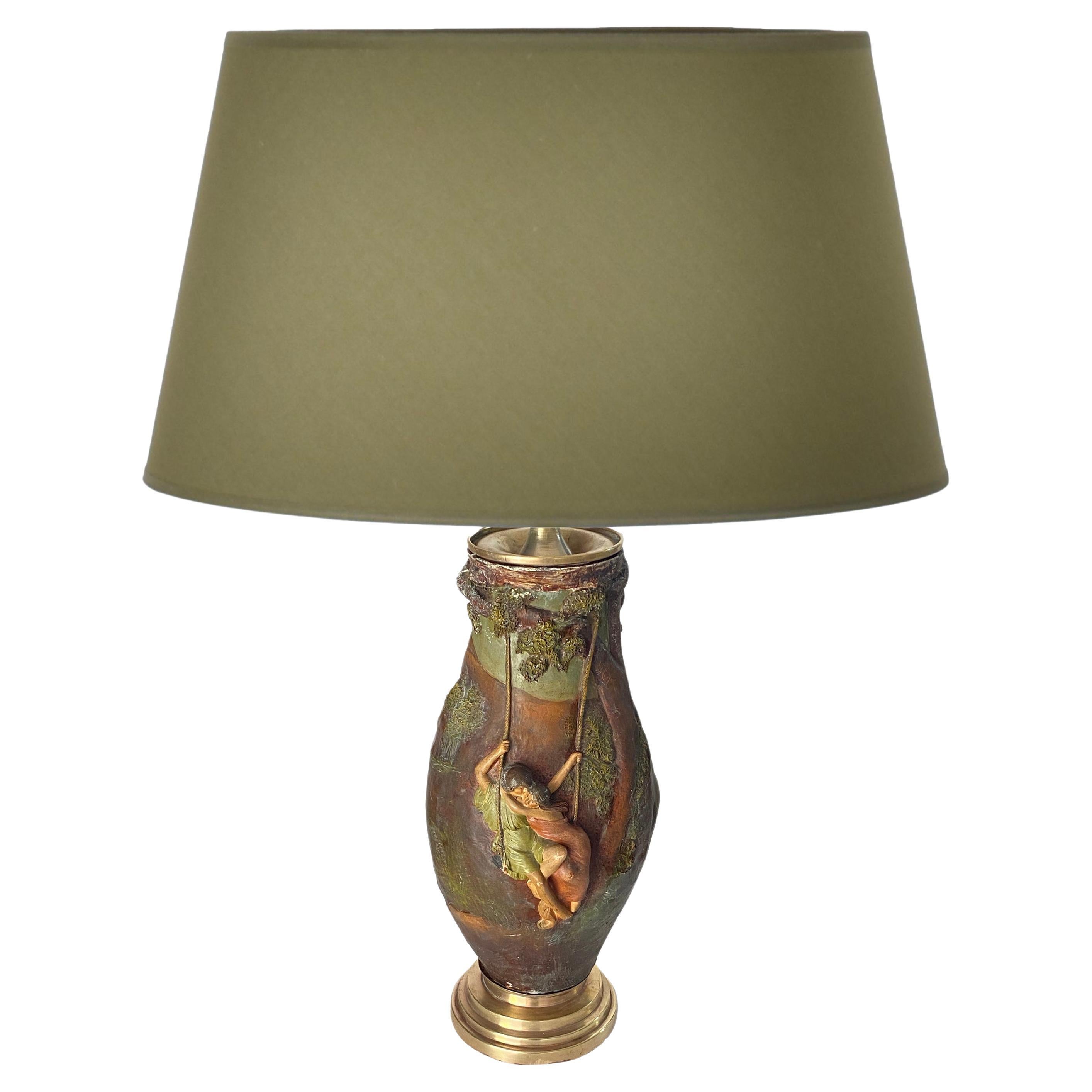 Lampe de table en céramique Artful Green Brown Signée Georges Trinque en vente