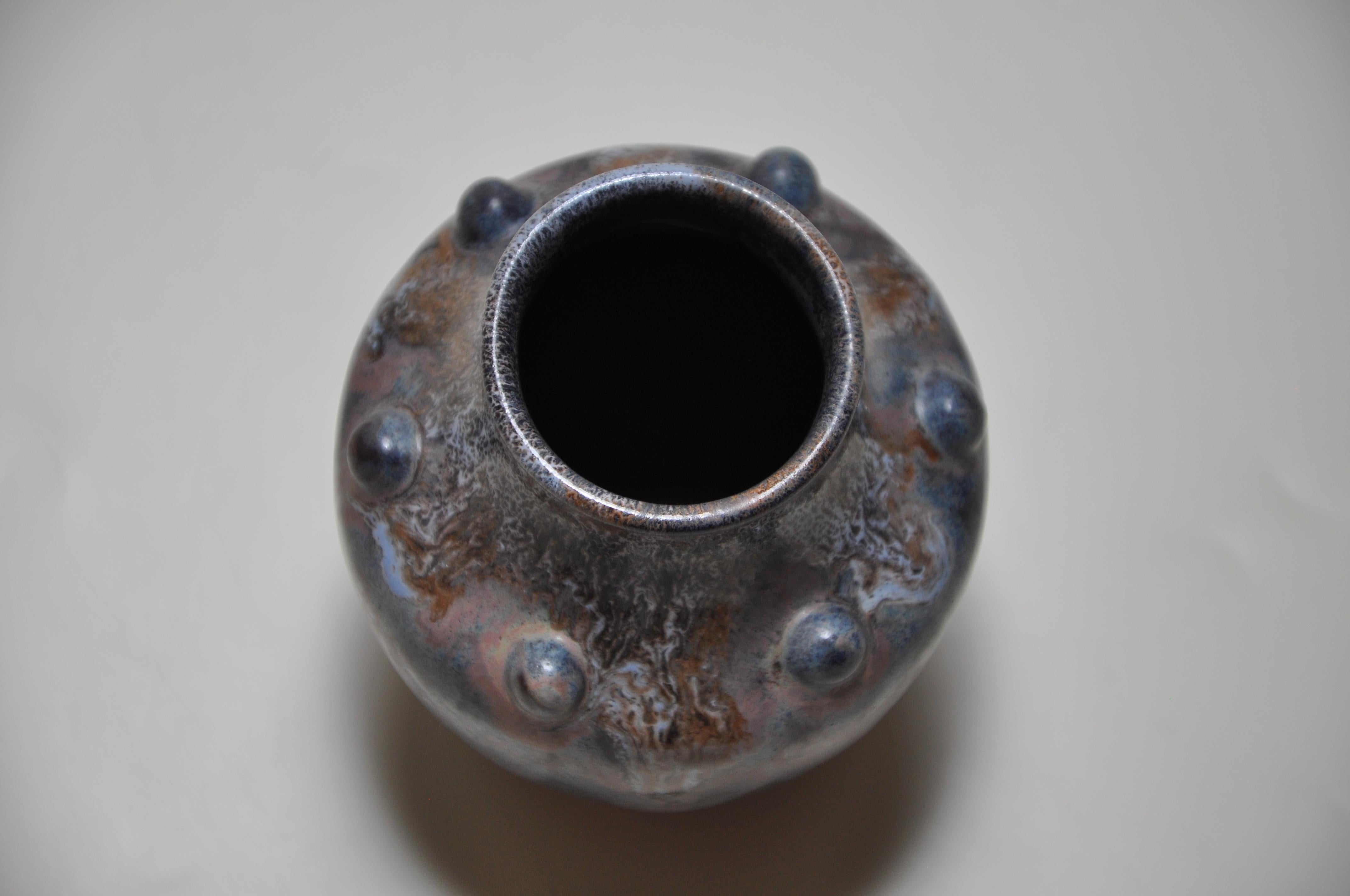 French Art Nouveau ceramic vase of shouldered ovoid form baring a row of raised nodules - French ‘points’ (nipples). 
Clearly by Influenced Auguste Delaherche’s use of similar motifs. 
This vase bares the incised signature of Jean Baptiste