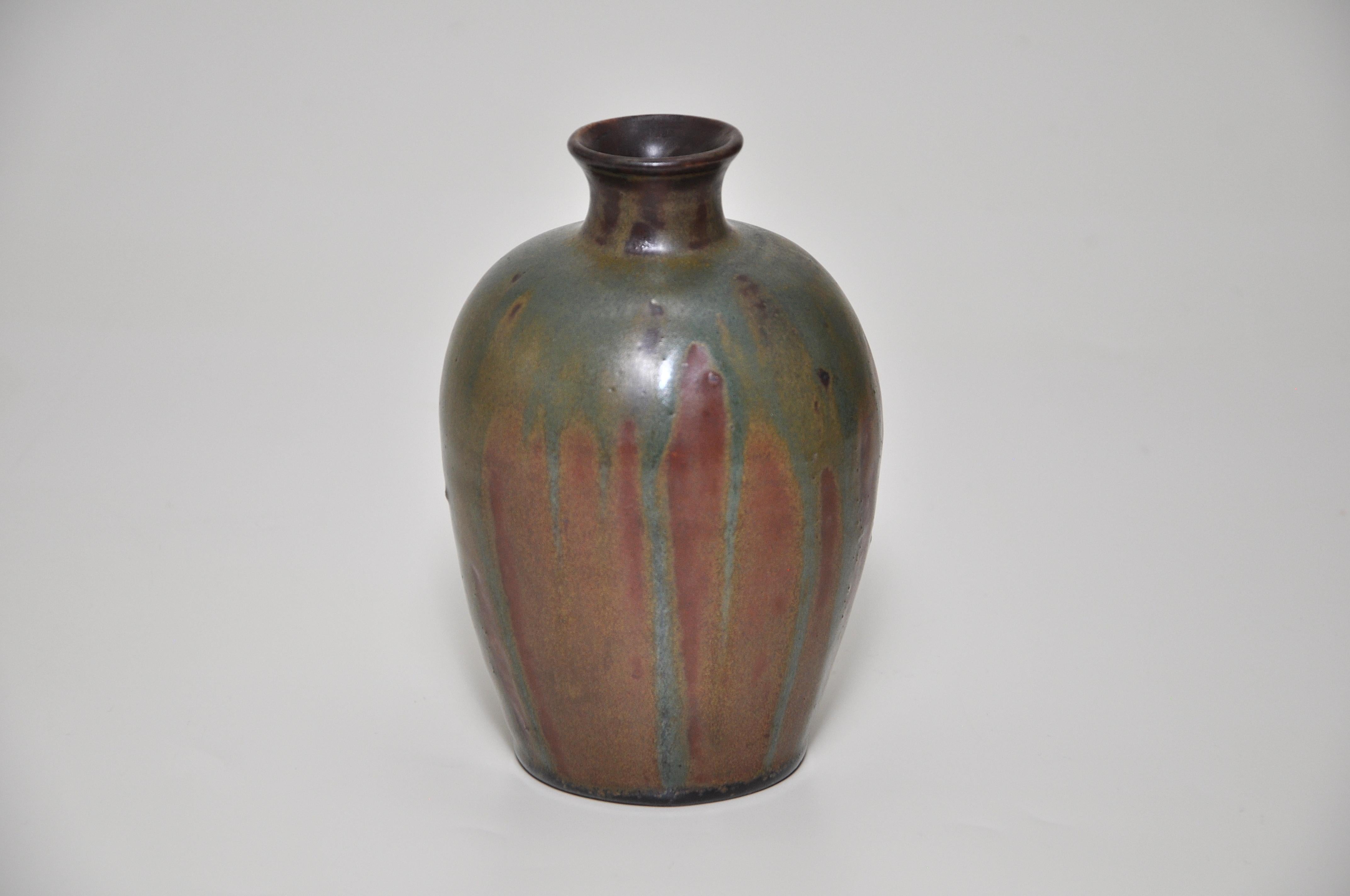 20th Century French Art Nouveau Ceramic Vase by Lucien Arnaud Green Brown For Sale