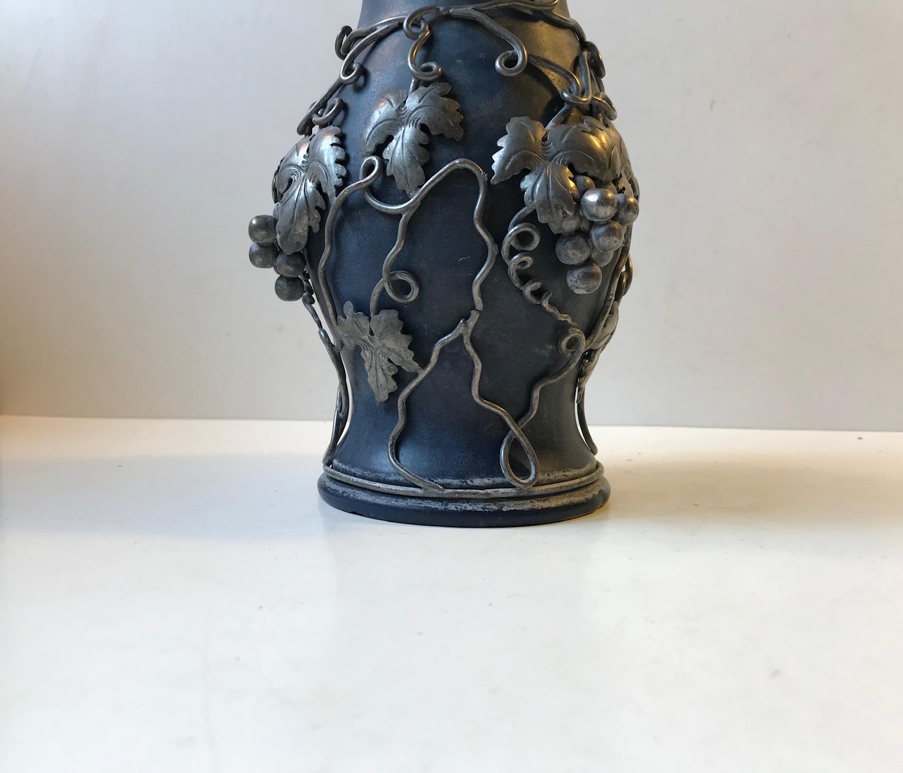 French Art Nouveau Ceramic Vase with Pewter Grapes, 1910s In Good Condition In Esbjerg, DK