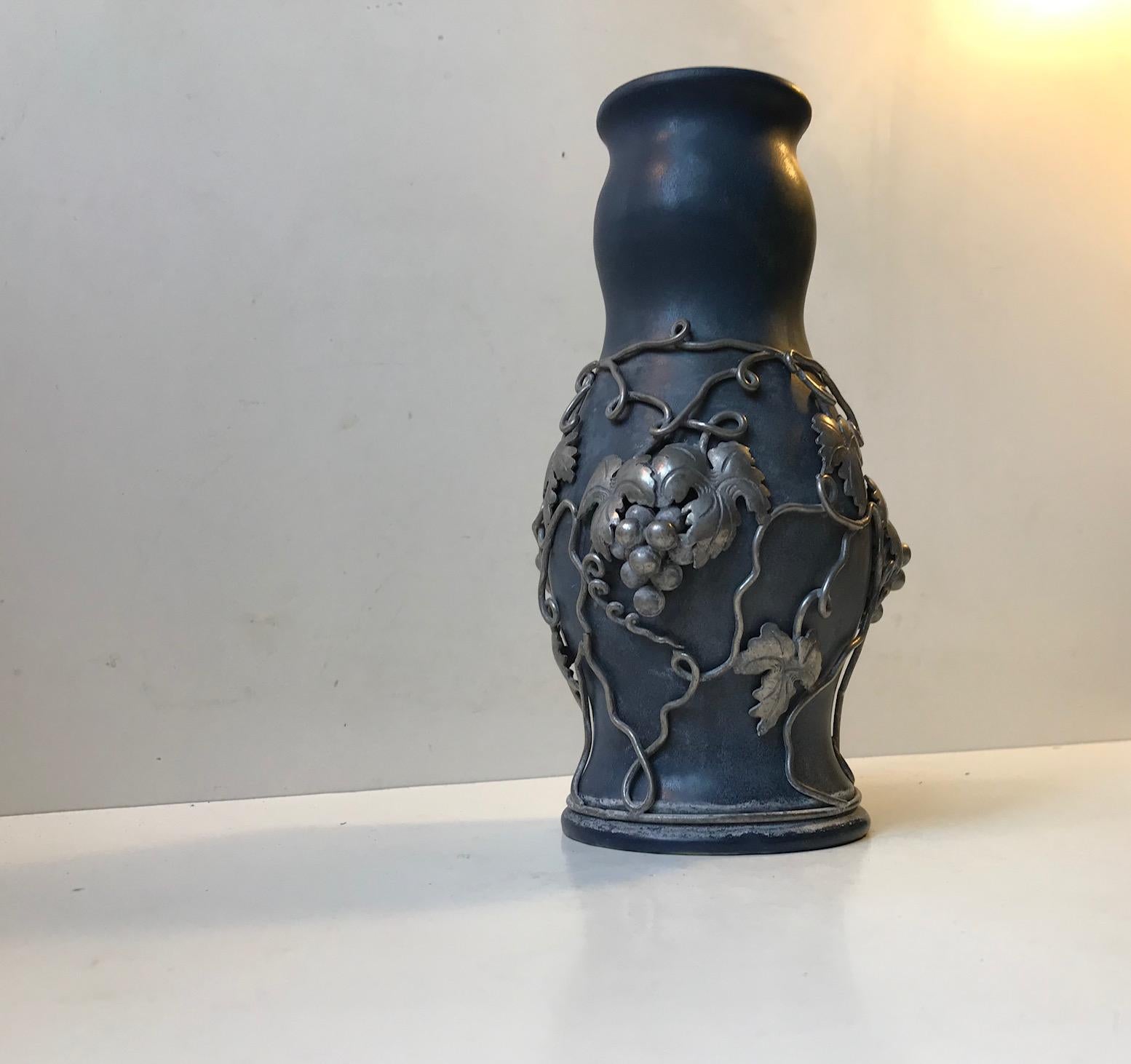 French Art Nouveau Ceramic Vase with Pewter Grapes, 1910s 1