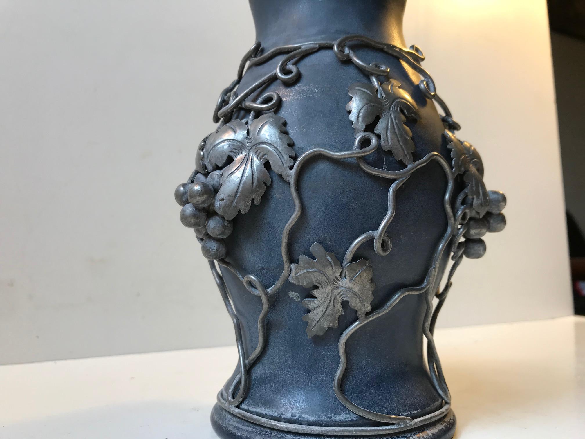 French Art Nouveau Ceramic Vase with Pewter Grapes, 1910s 2