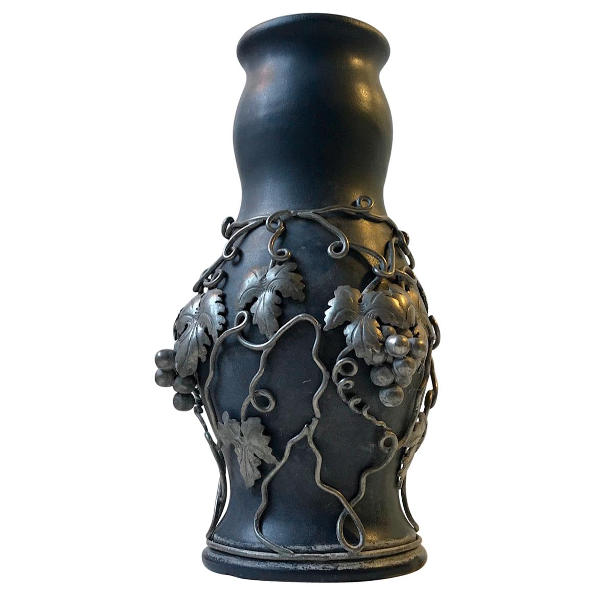 French Art Nouveau Ceramic Vase with Pewter Grapes, 1910s