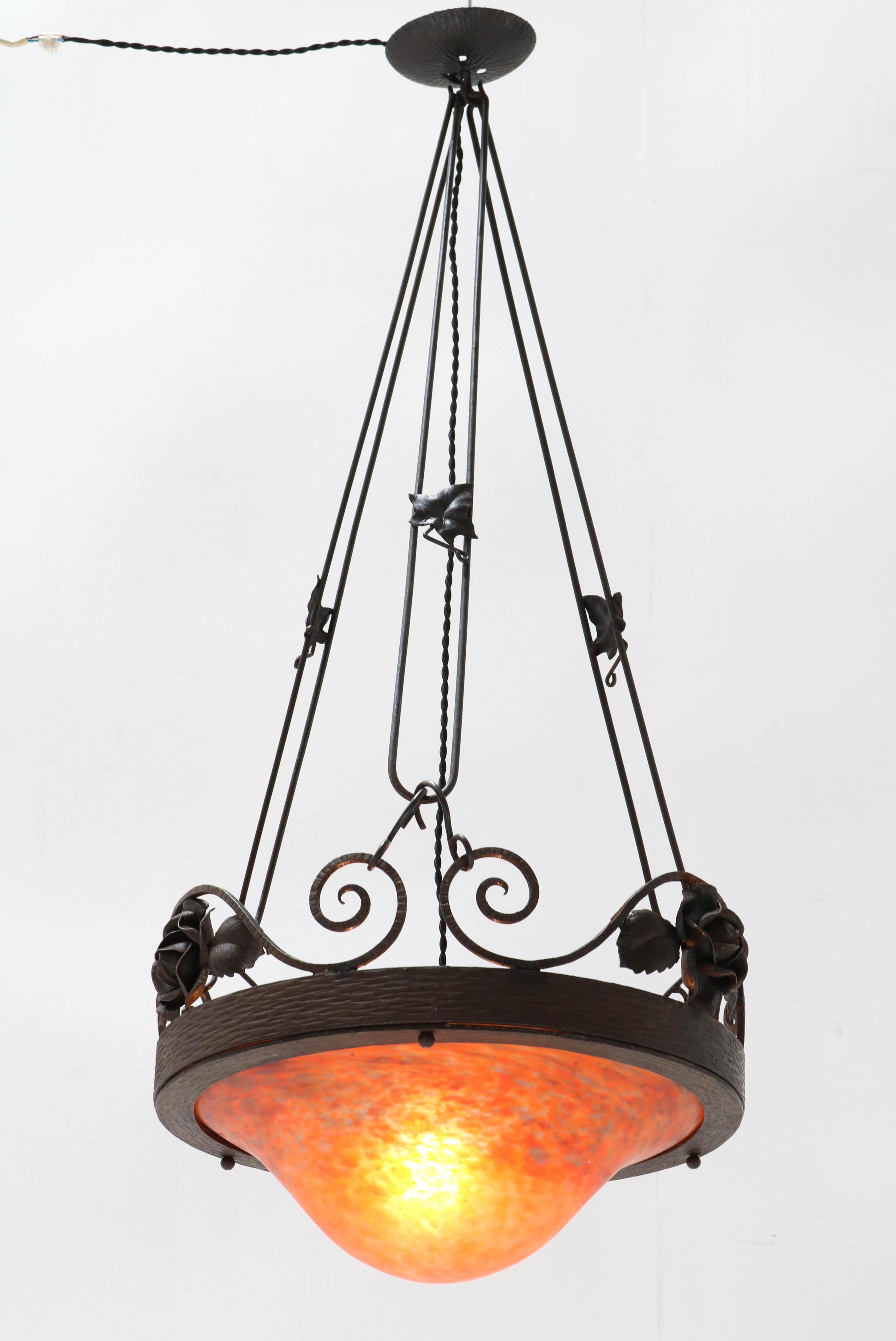 Lacquered French Art Nouveau Chandelier by Muller Frères Lunéville, 1900s For Sale