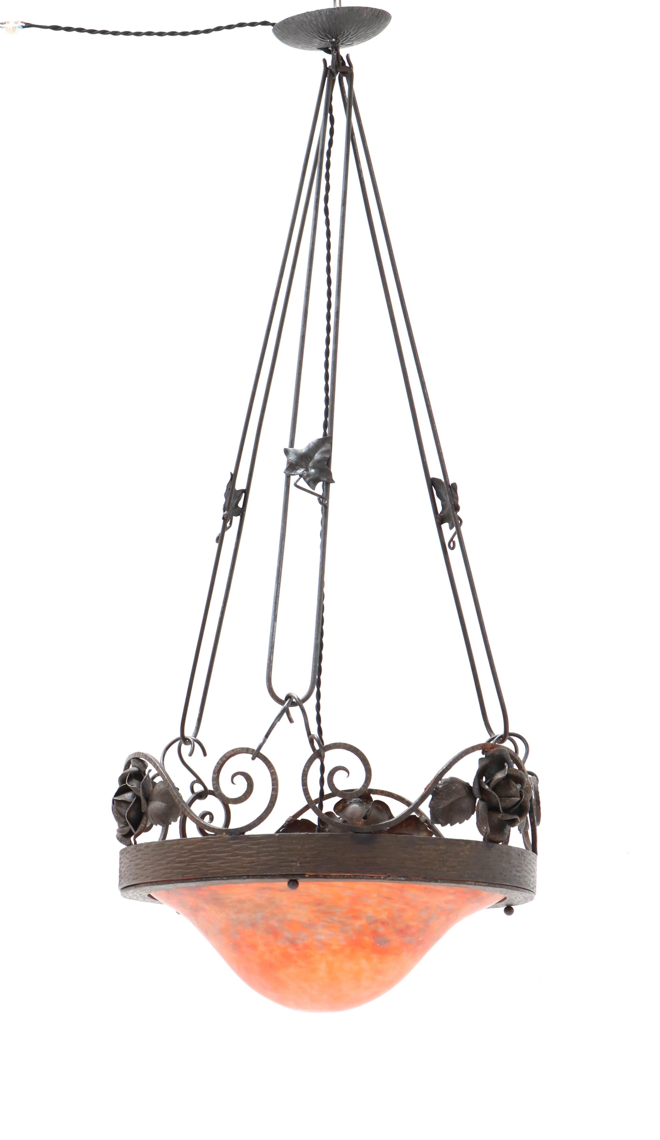 Iron French Art Nouveau Chandelier by Muller Frères Lunéville, 1900s For Sale