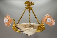 French Art Nouveau Chandelier with Alabaster Bowl & Pink Glass Shades, ca. 1920