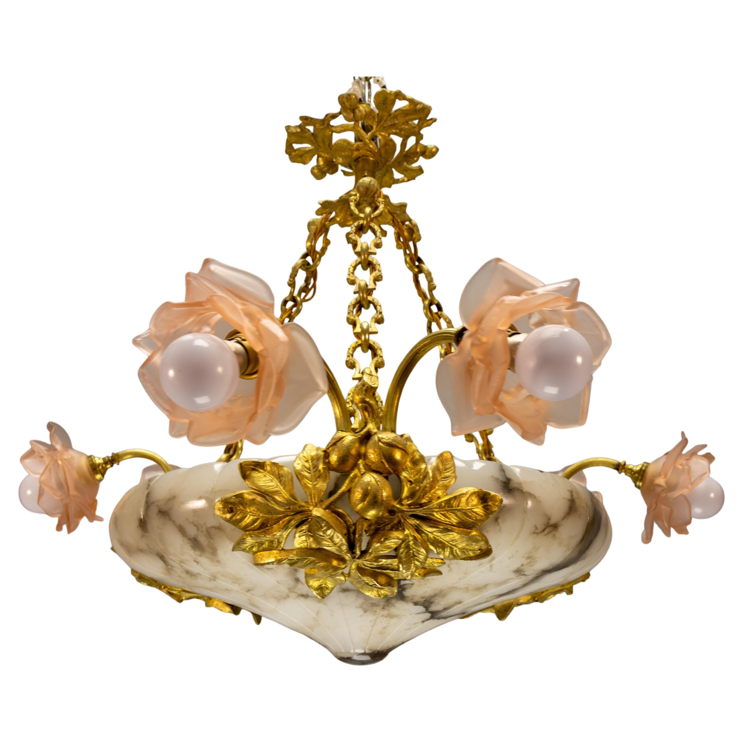 French Art Nouveau Chandelier with Alabaster Bowl 
Pink Glass Shades, ca. 1920 For Sale