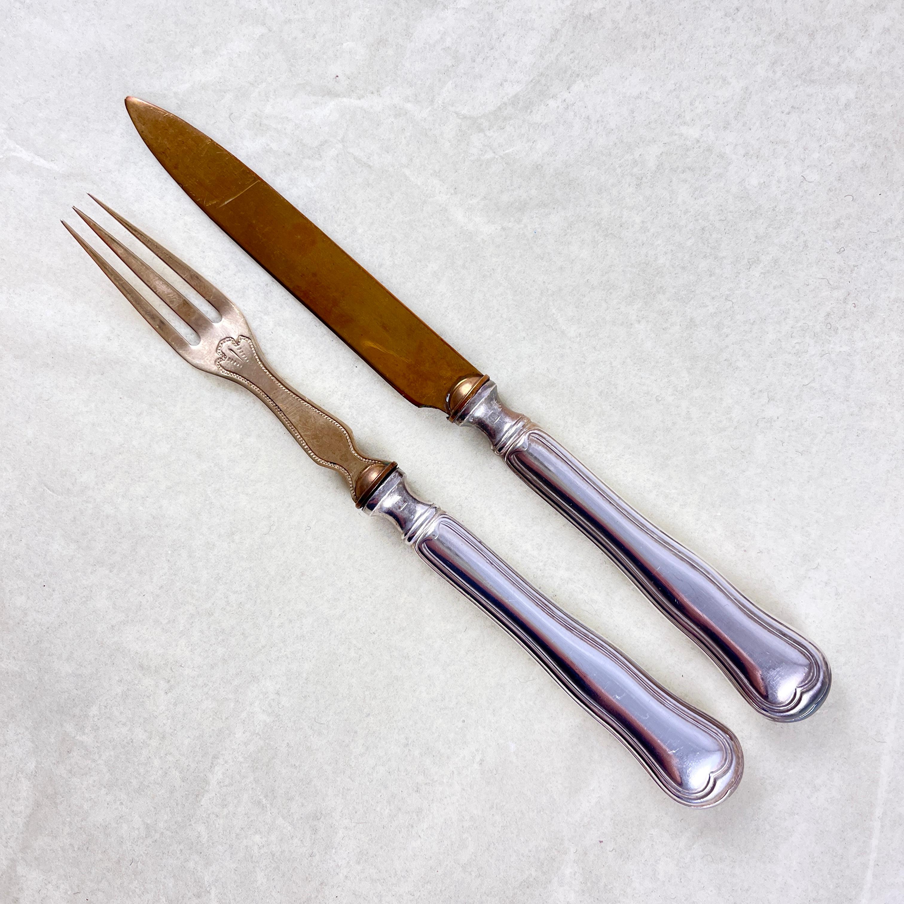 Metalwork French Art Nouveau Cheese & Fruit Forks and Knives, set of 24 For Sale